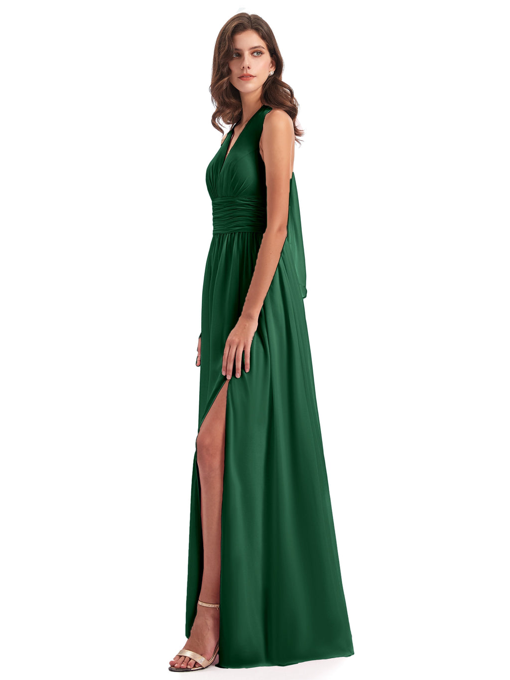 Emily Floor Length V Neck Split Chiffon Bridesmaid Dresses