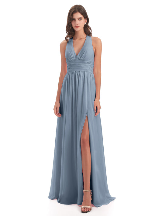 Emily Floor Length V Neck Split Chiffon Bridesmaid Dresses