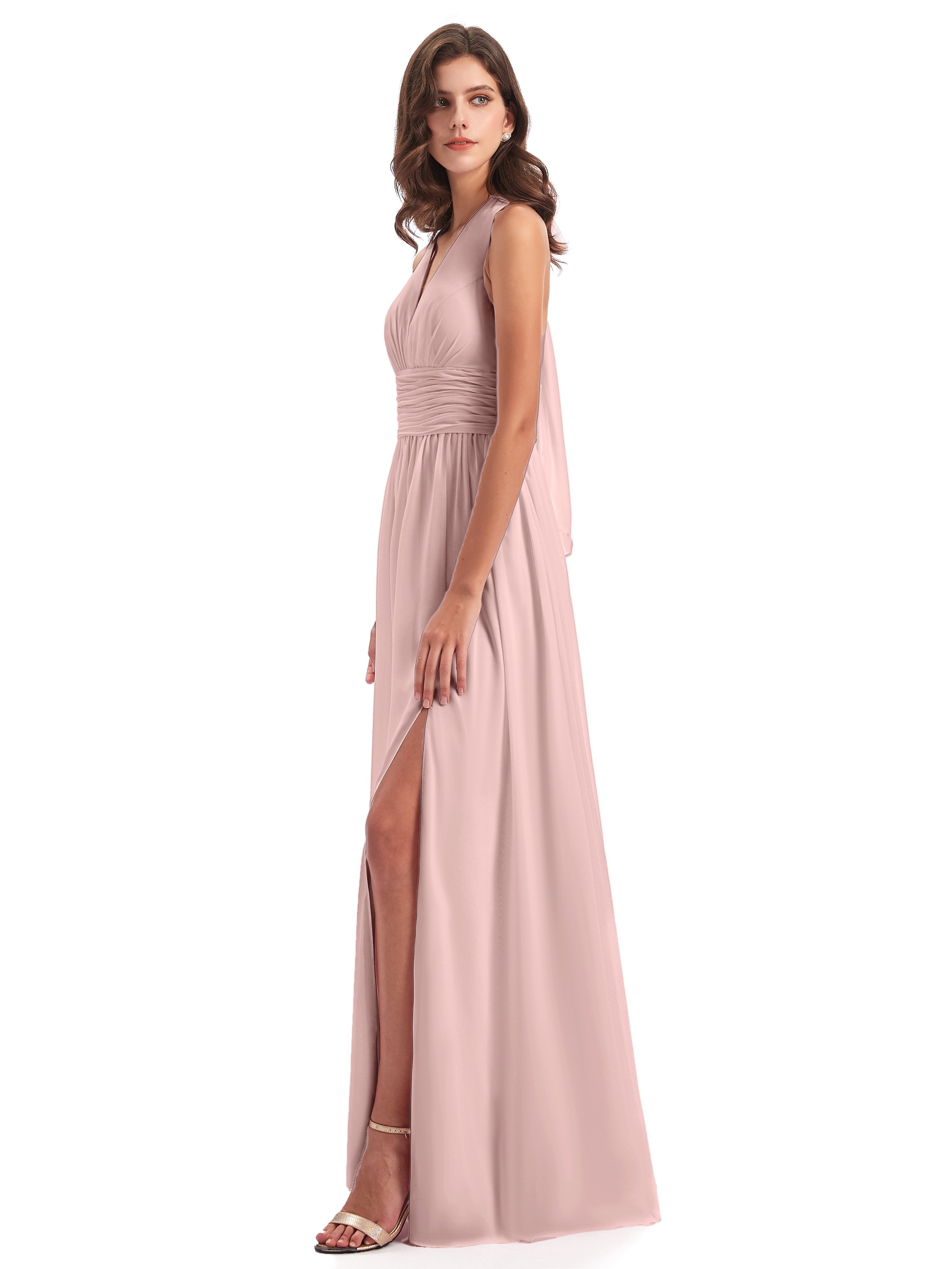 Emily Floor Length V Neck Split Chiffon Bridesmaid Dresses