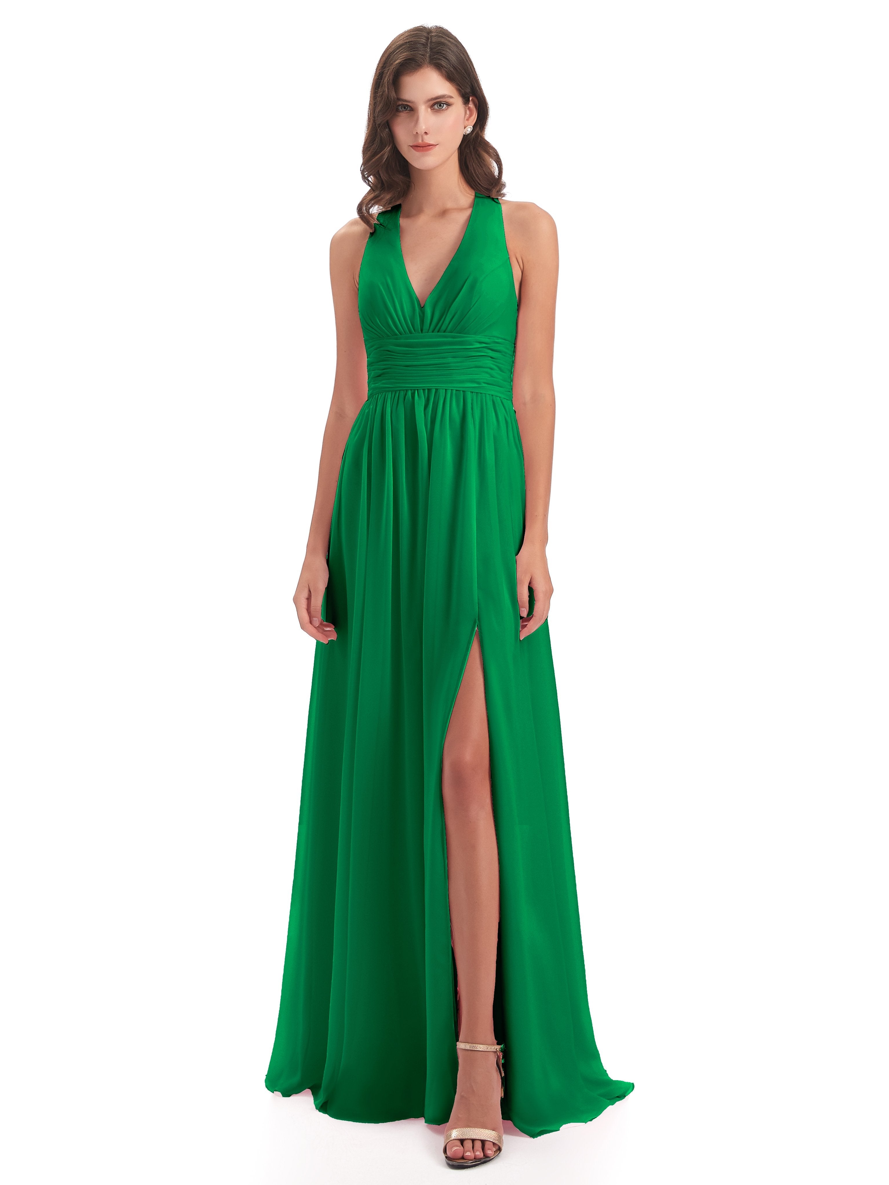 Emily Floor Length V Neck Split Chiffon Bridesmaid Dresses