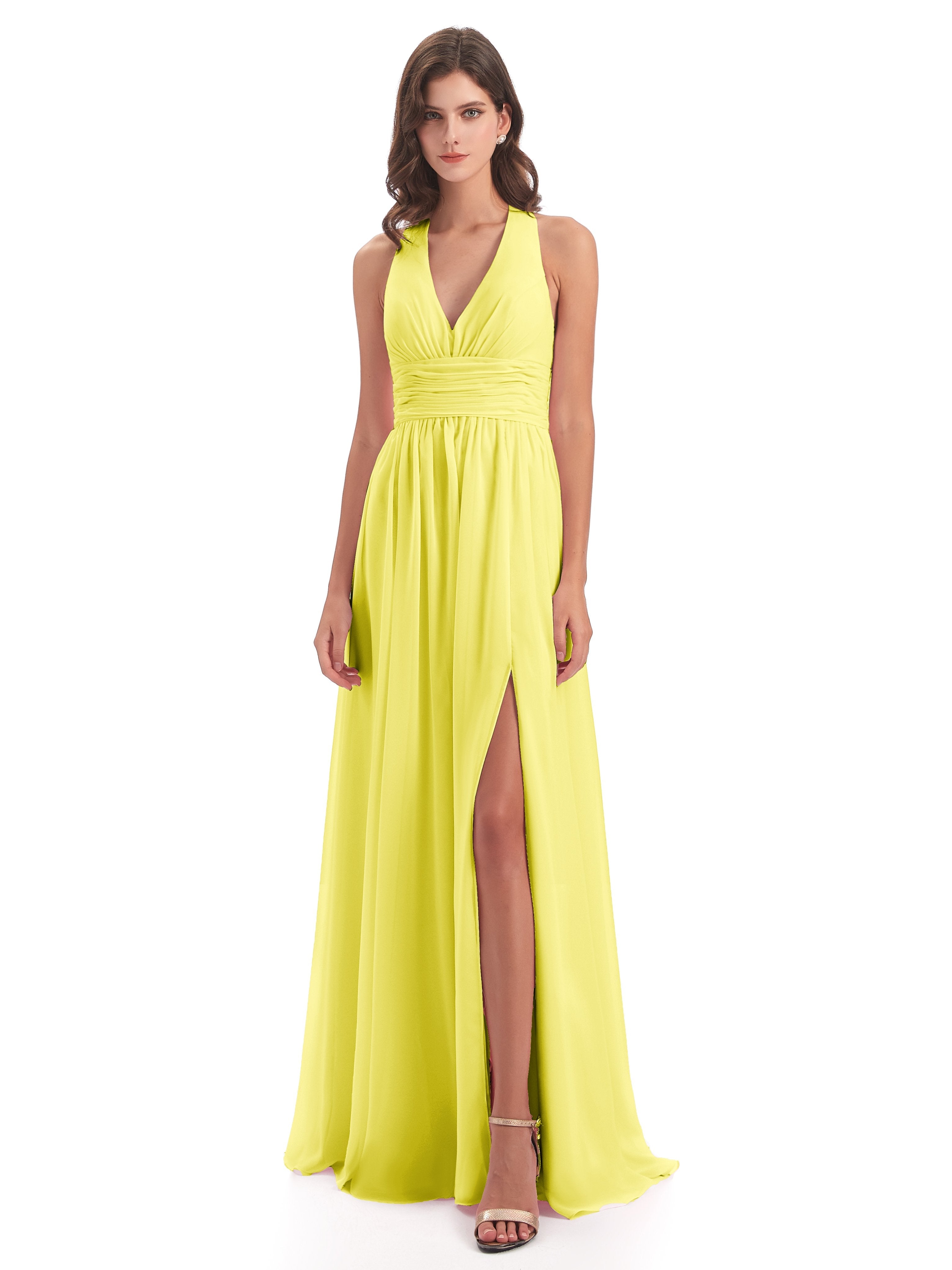 Emily Floor Length V Neck Split Chiffon Bridesmaid Dresses