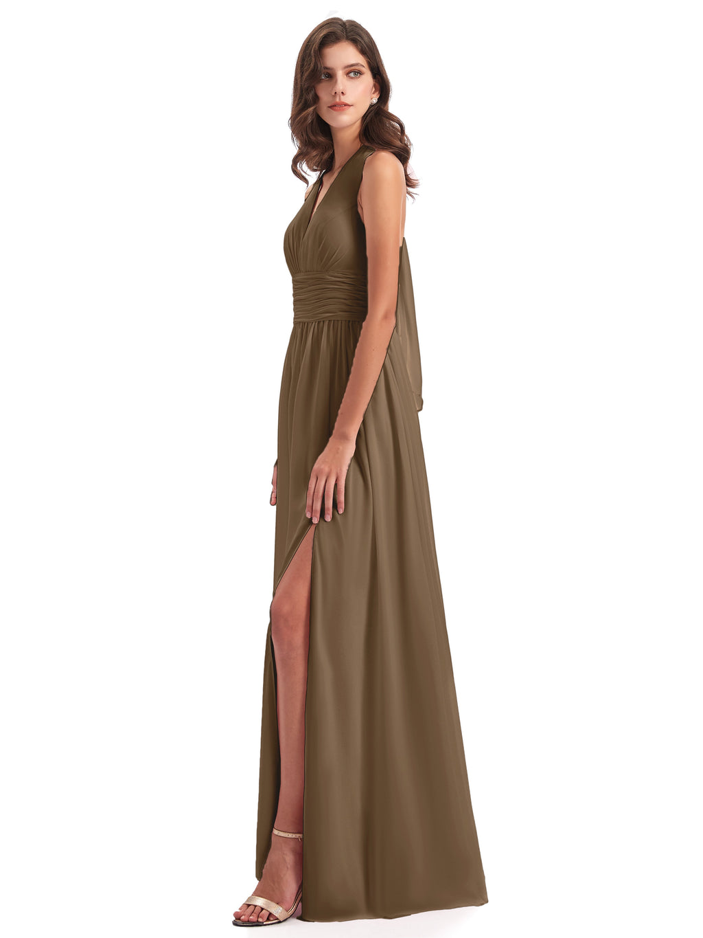 Emily Floor Length V Neck Split Chiffon Bridesmaid Dresses