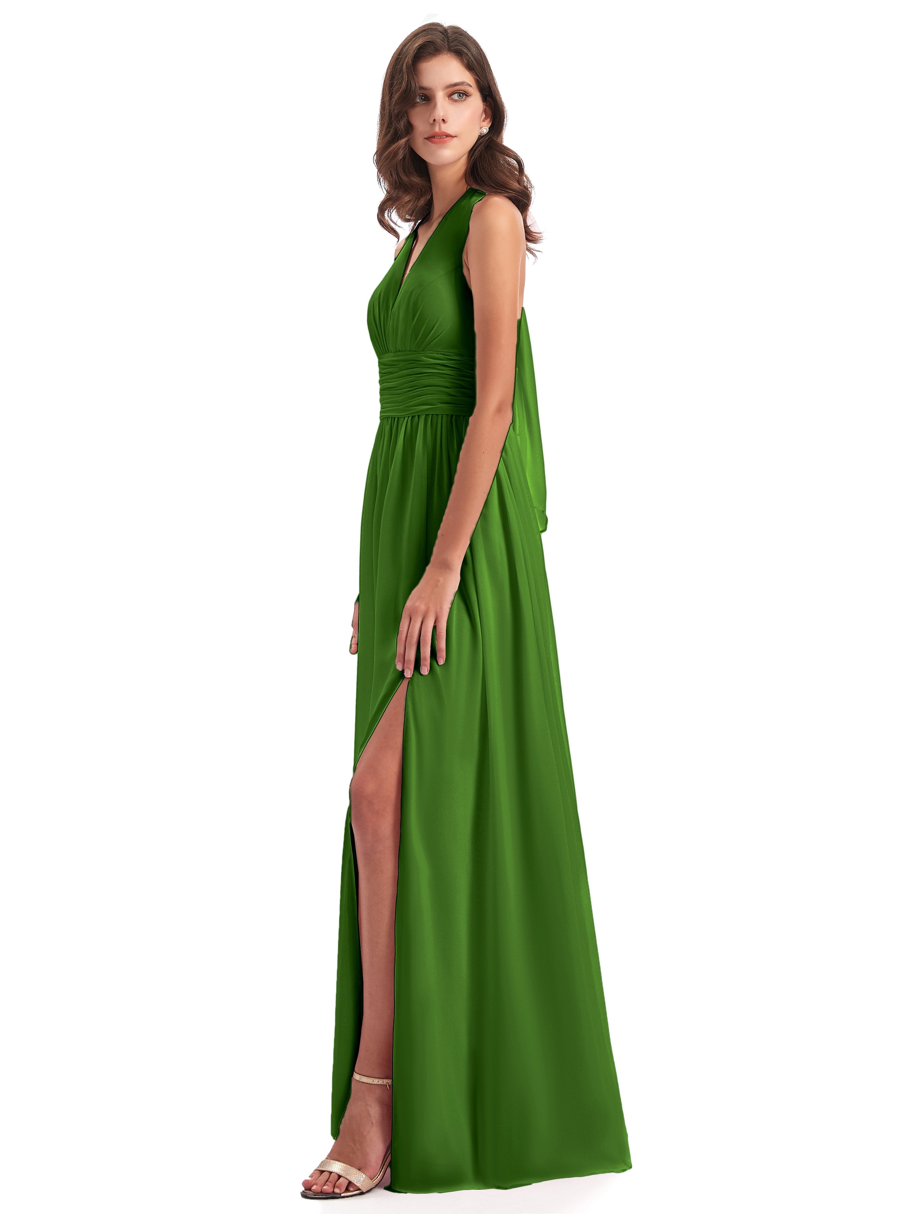 Emily Floor Length V Neck Split Chiffon Bridesmaid Dresses