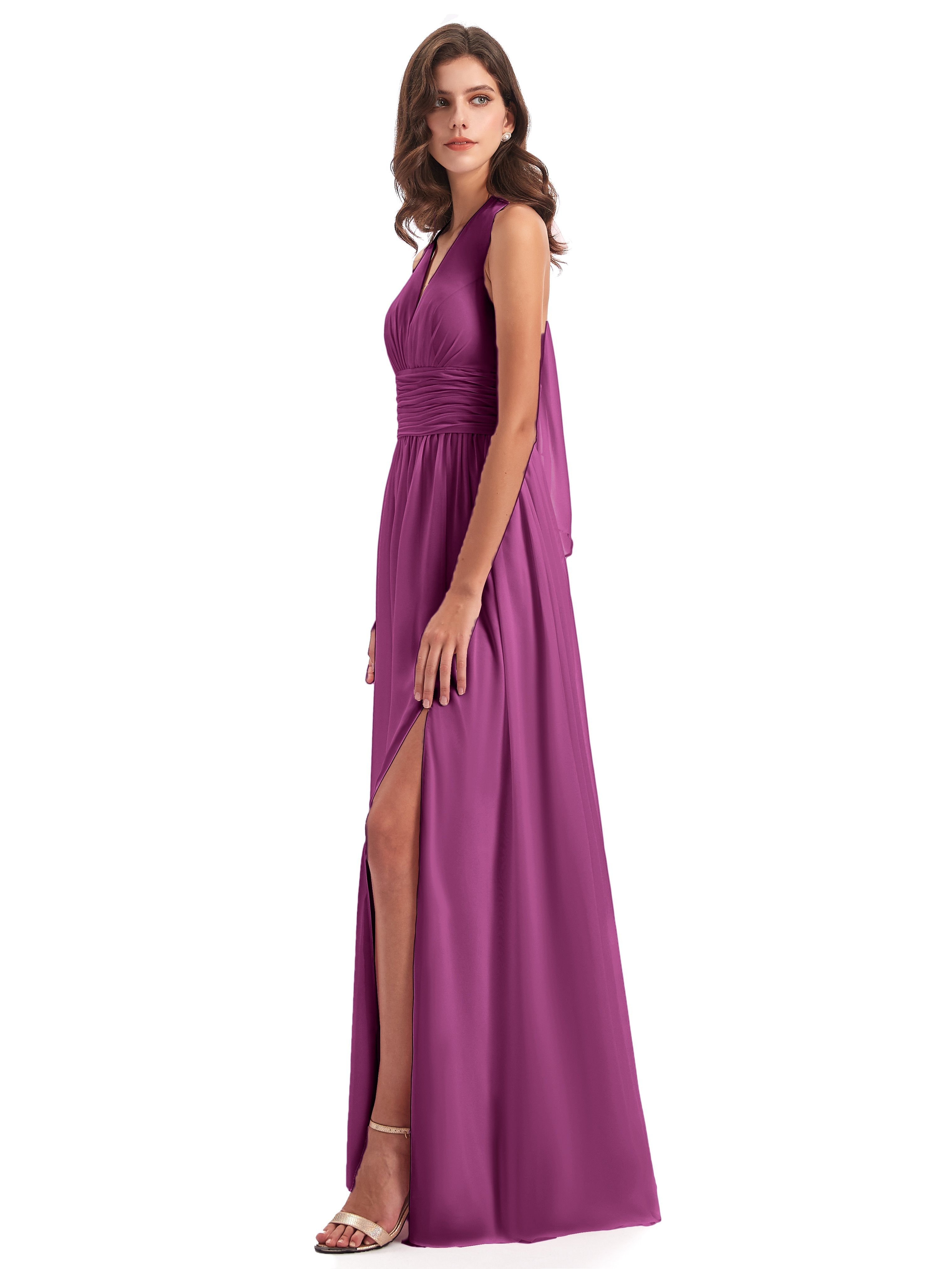 Emily Floor Length V Neck Split Chiffon Bridesmaid Dresses