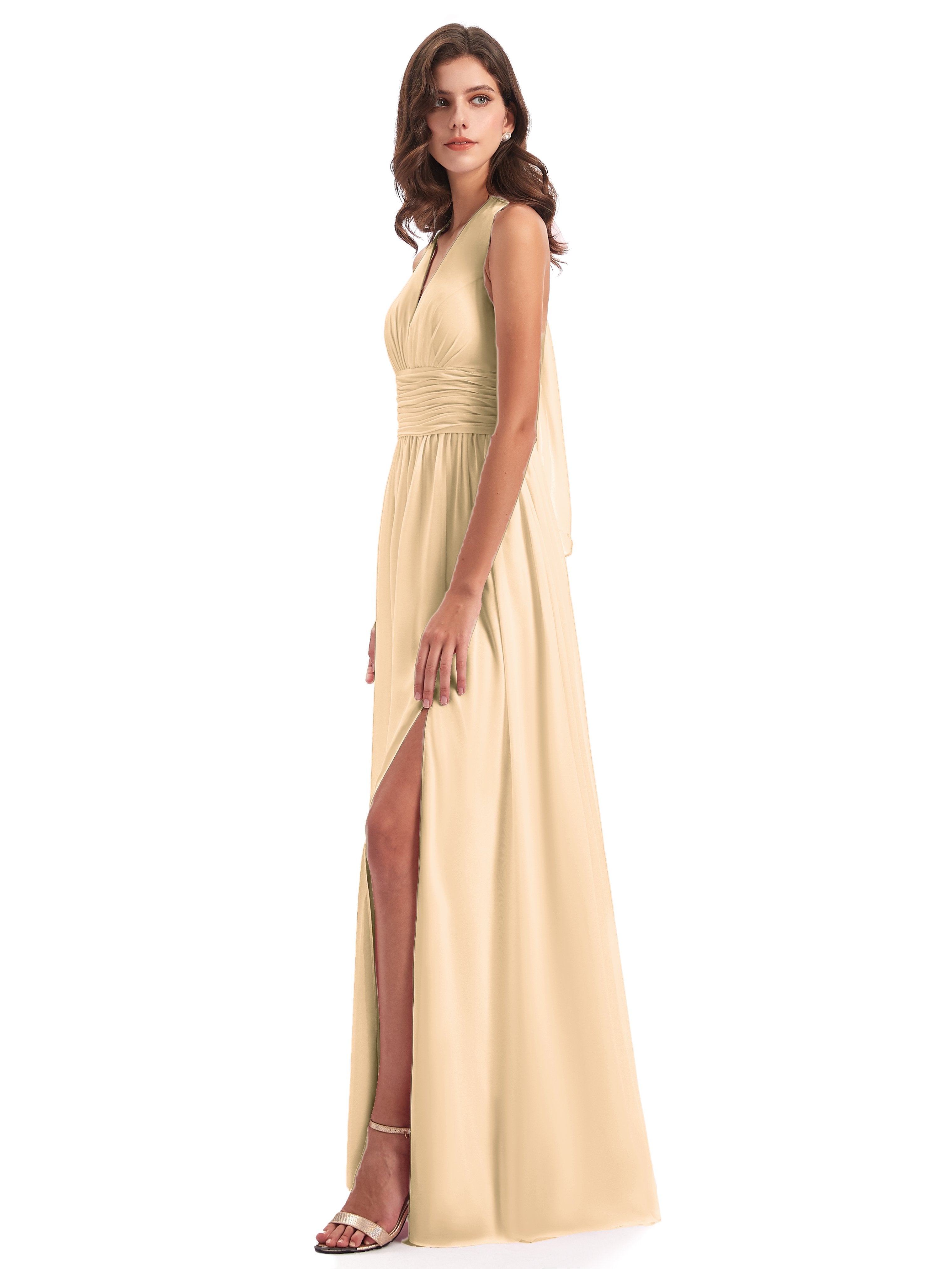 Emily Floor Length V Neck Split Chiffon Bridesmaid Dresses
