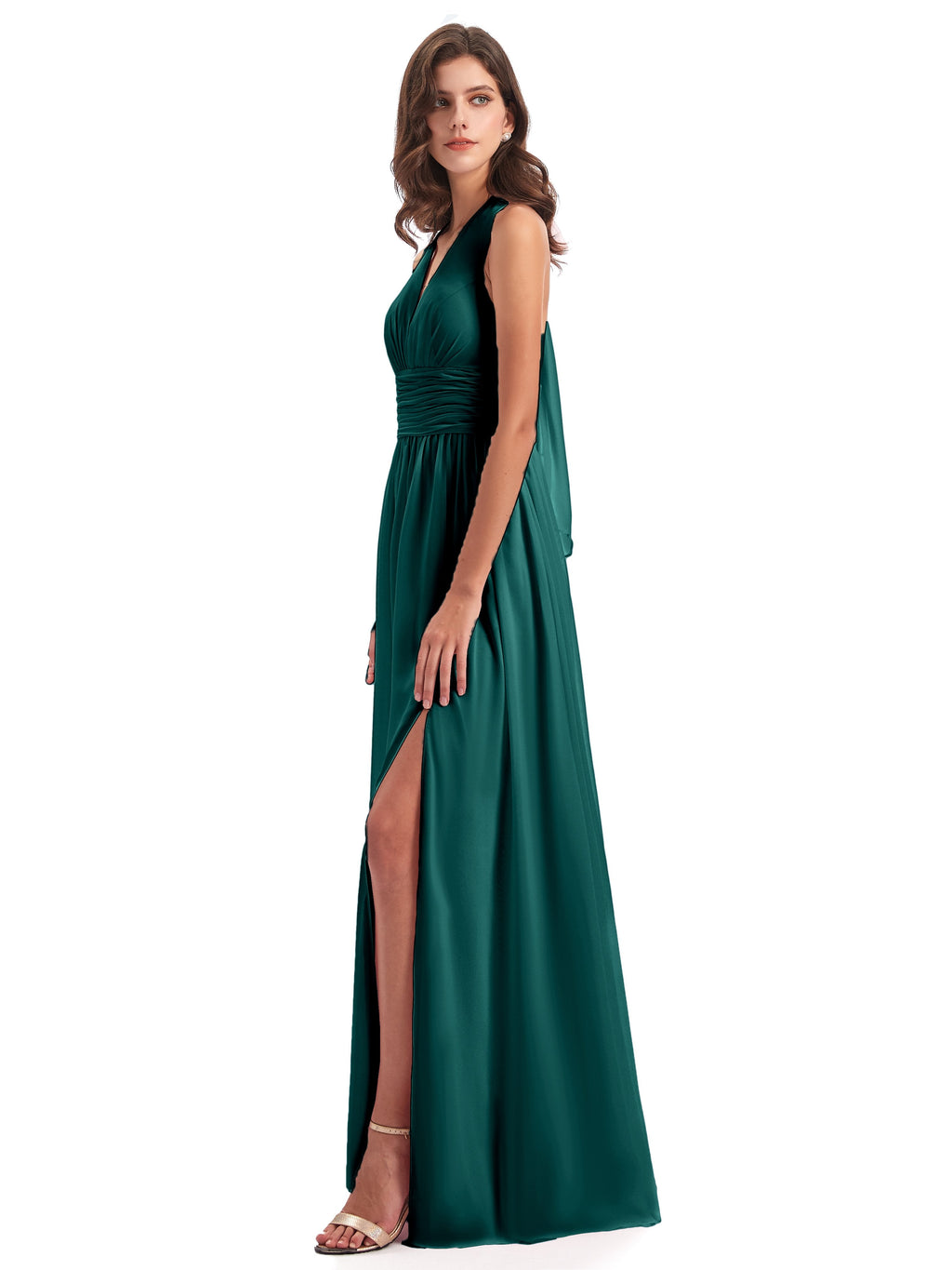 Emily Floor Length V Neck Split Chiffon Bridesmaid Dresses