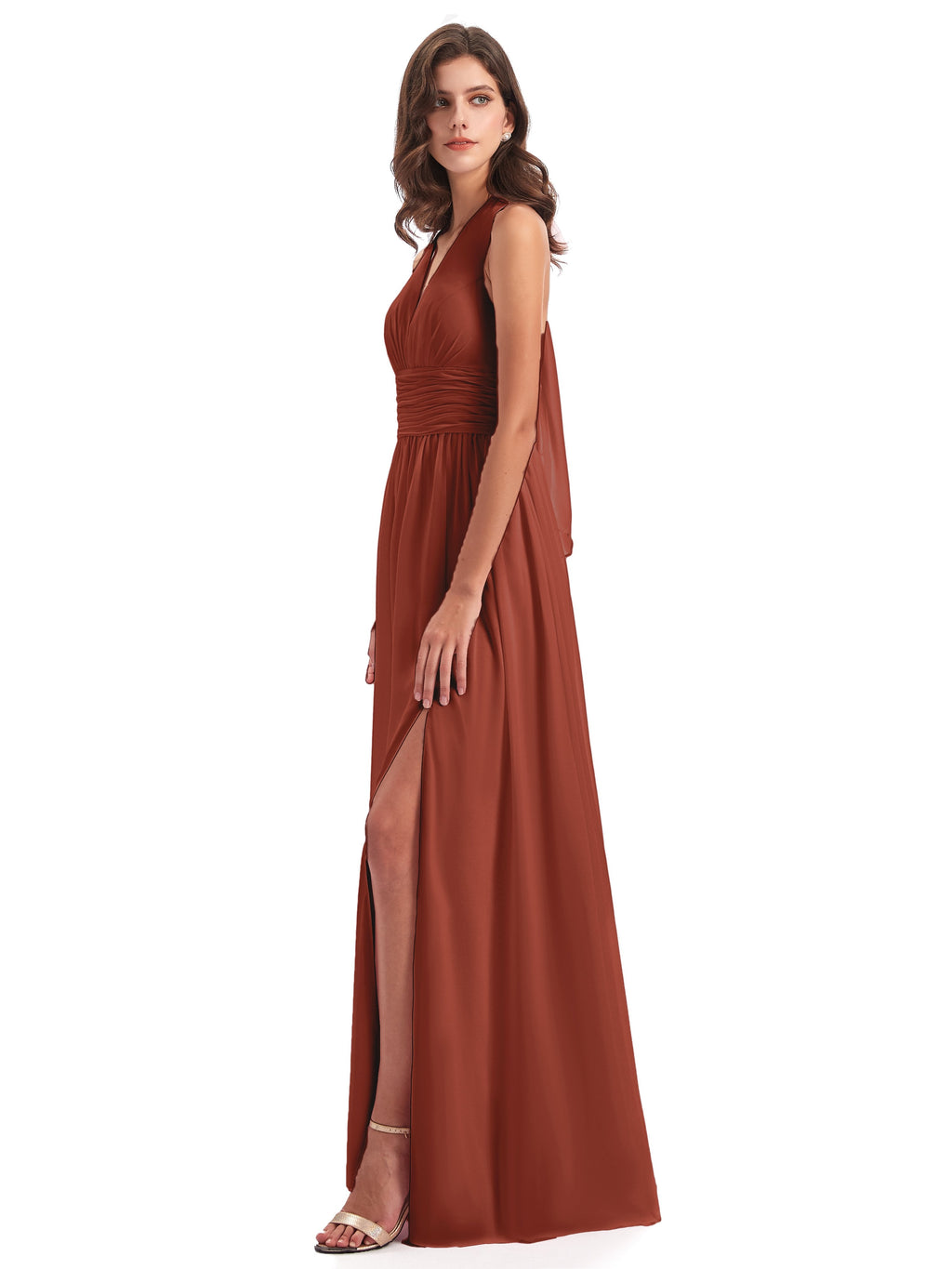 Emily Floor Length V Neck Split Chiffon Bridesmaid Dresses
