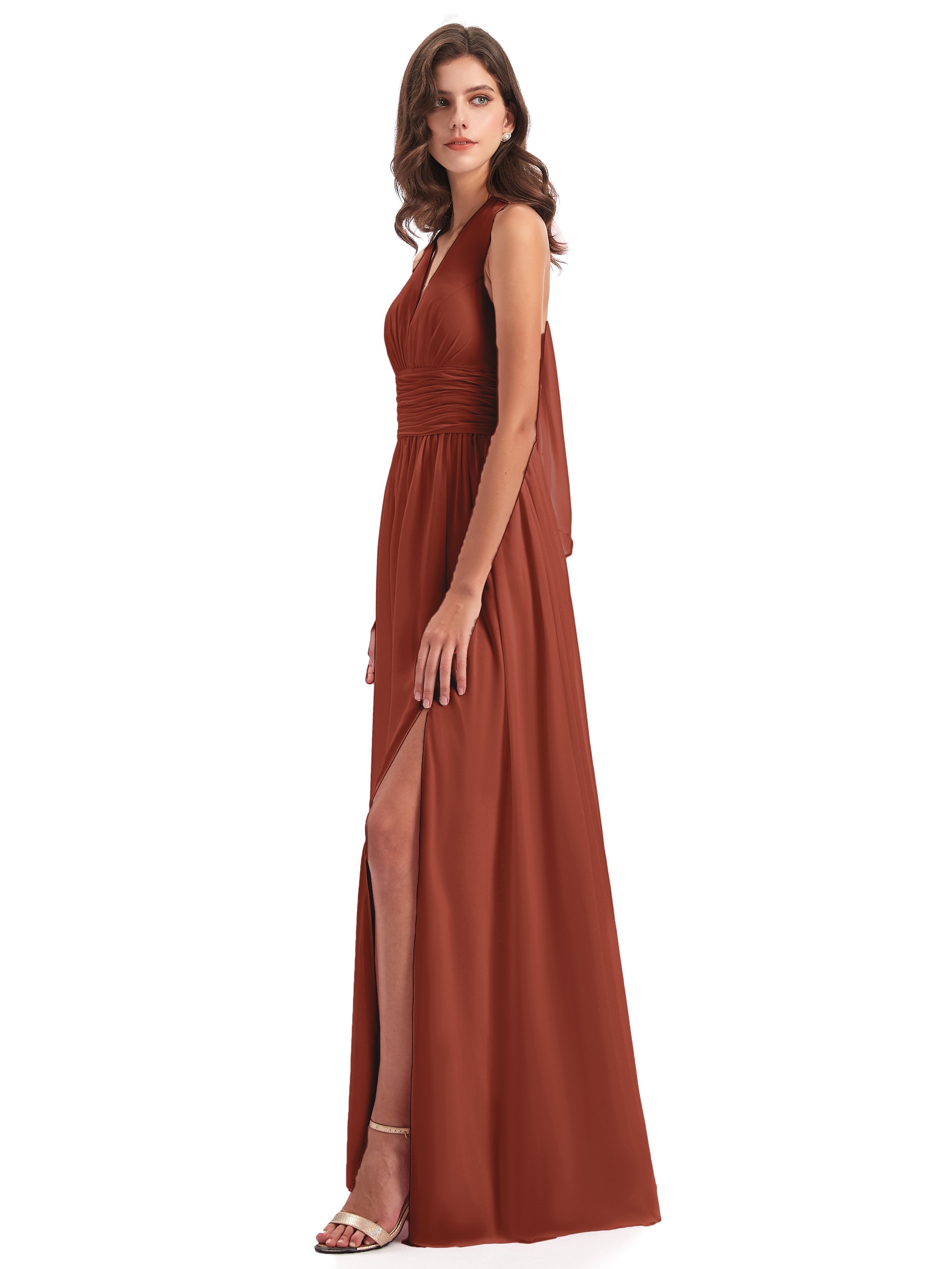 Emily Floor Length V Neck Split Chiffon Bridesmaid Dresses