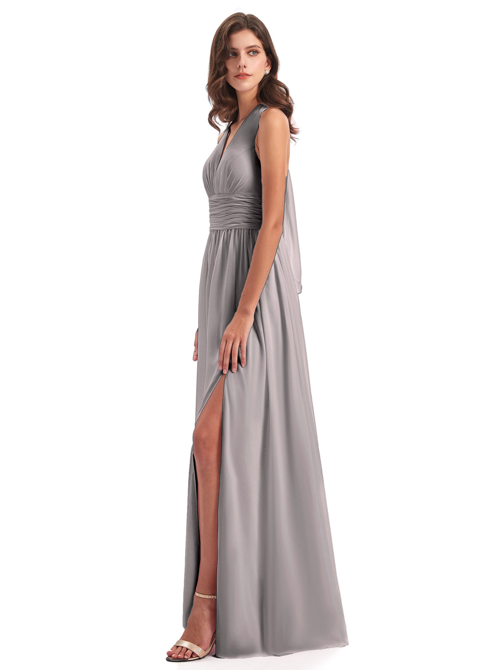 Emily Floor Length V Neck Split Chiffon Bridesmaid Dresses