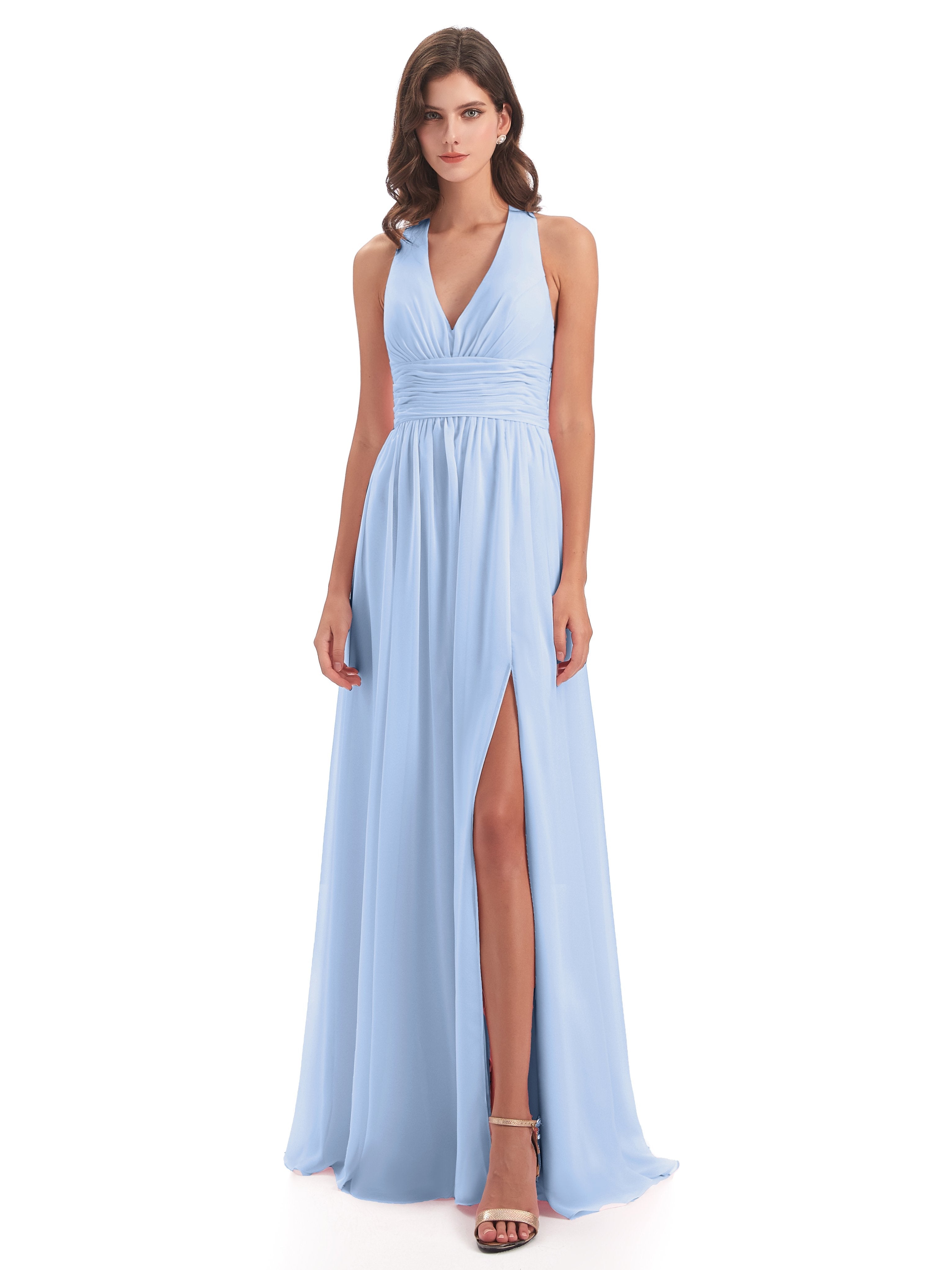 Emily Floor Length V Neck Split Chiffon Bridesmaid Dresses