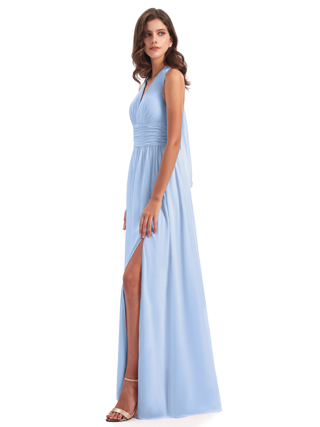 Emily Floor Length V Neck Split Chiffon Bridesmaid Dresses