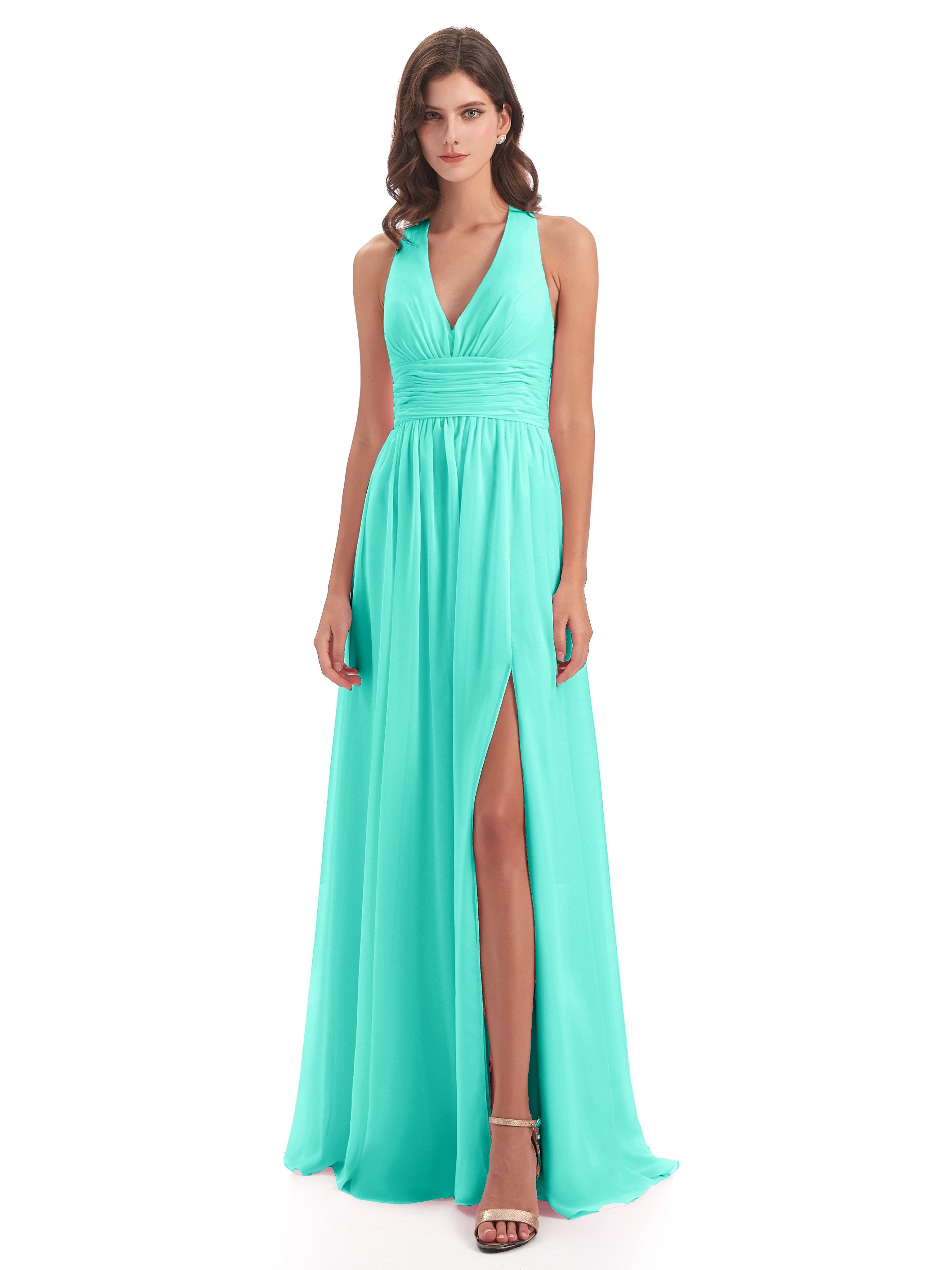 Emily Floor Length V Neck Split Chiffon Bridesmaid Dresses