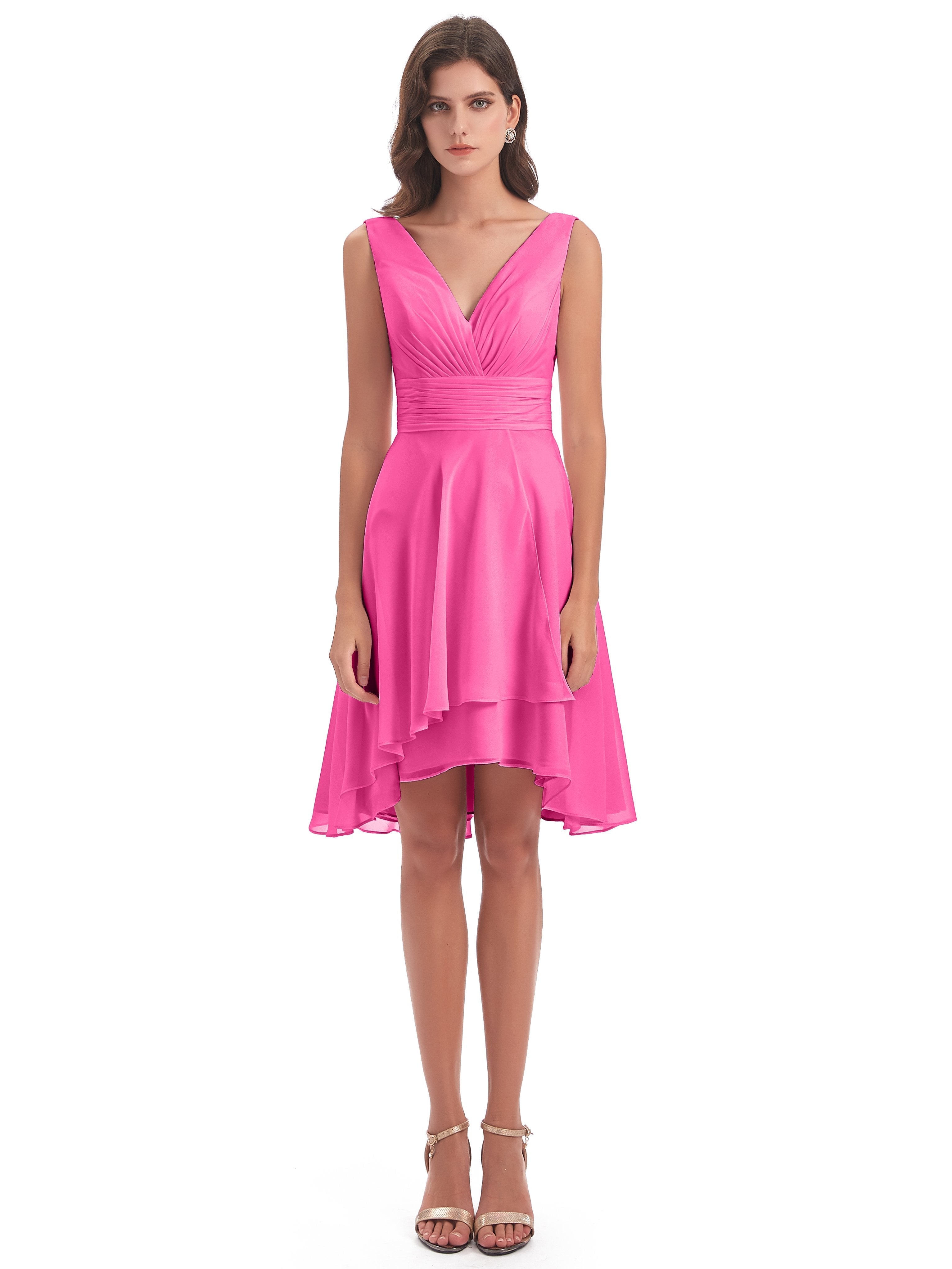 Esperanza Knee Length High Low V-neck Chiffon Bridesmaid Dresses