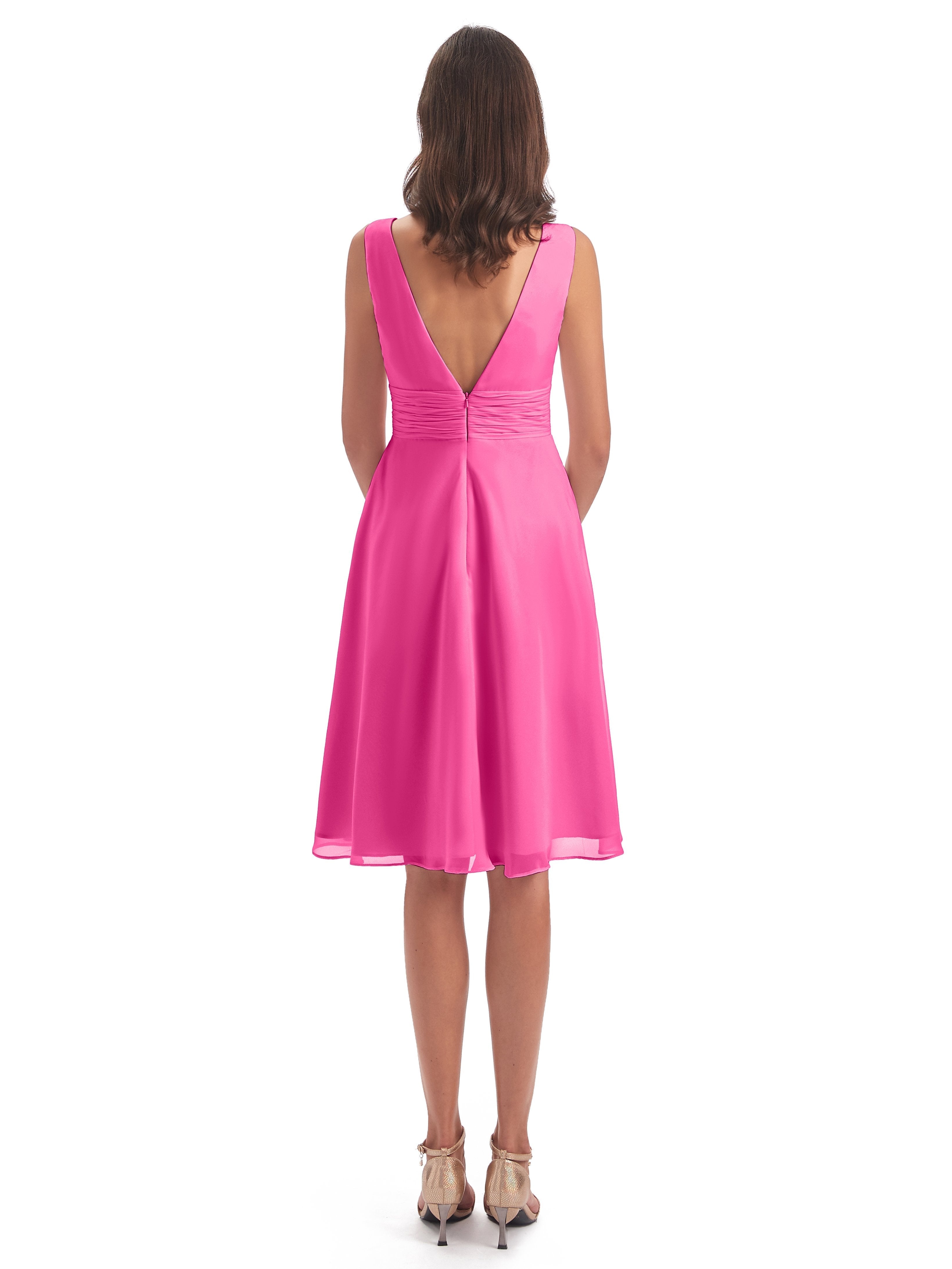 Esperanza Knee Length High Low V-neck Chiffon Bridesmaid Dresses
