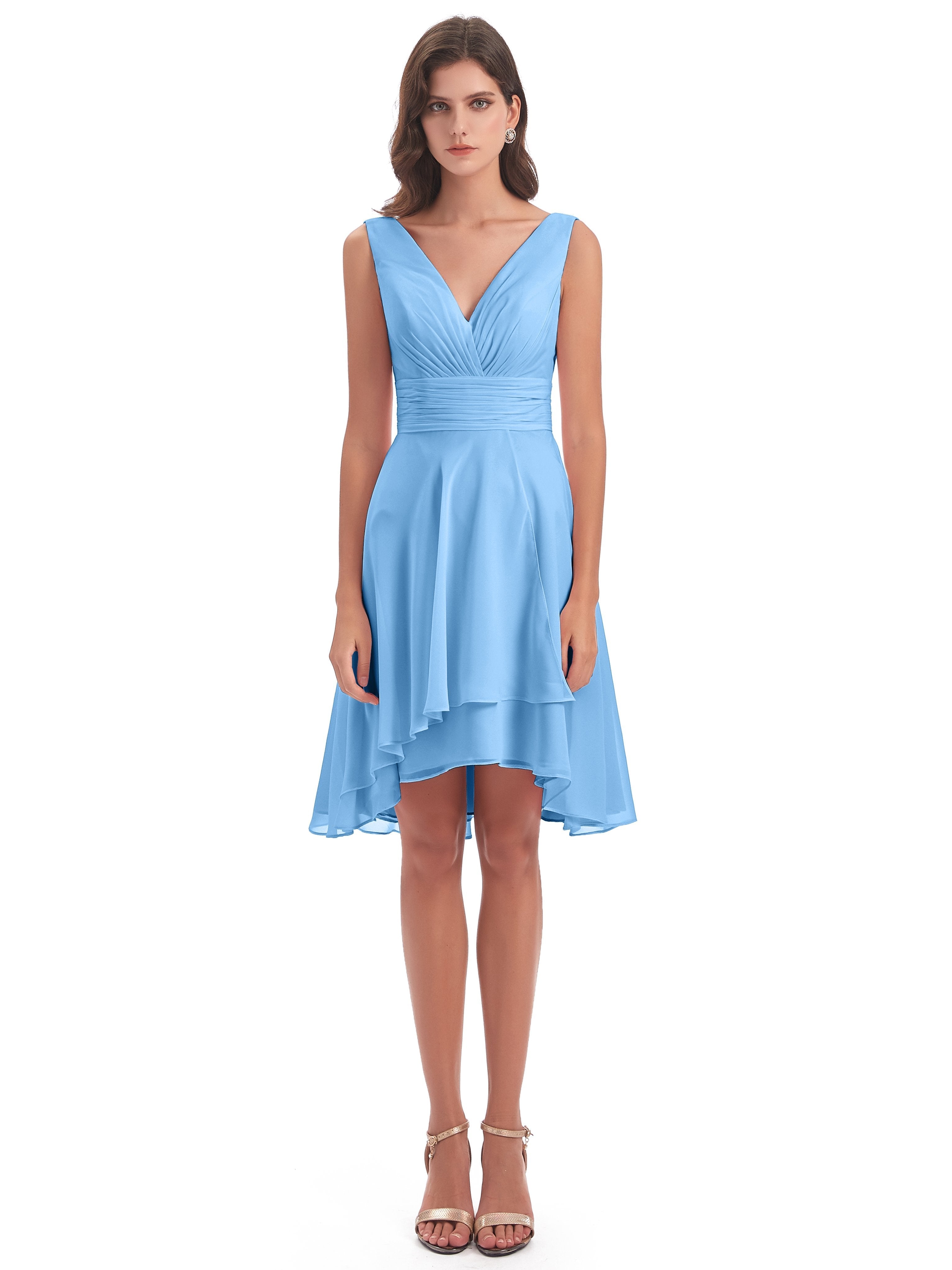 Esperanza Knee Length High Low V-neck Chiffon Bridesmaid Dresses