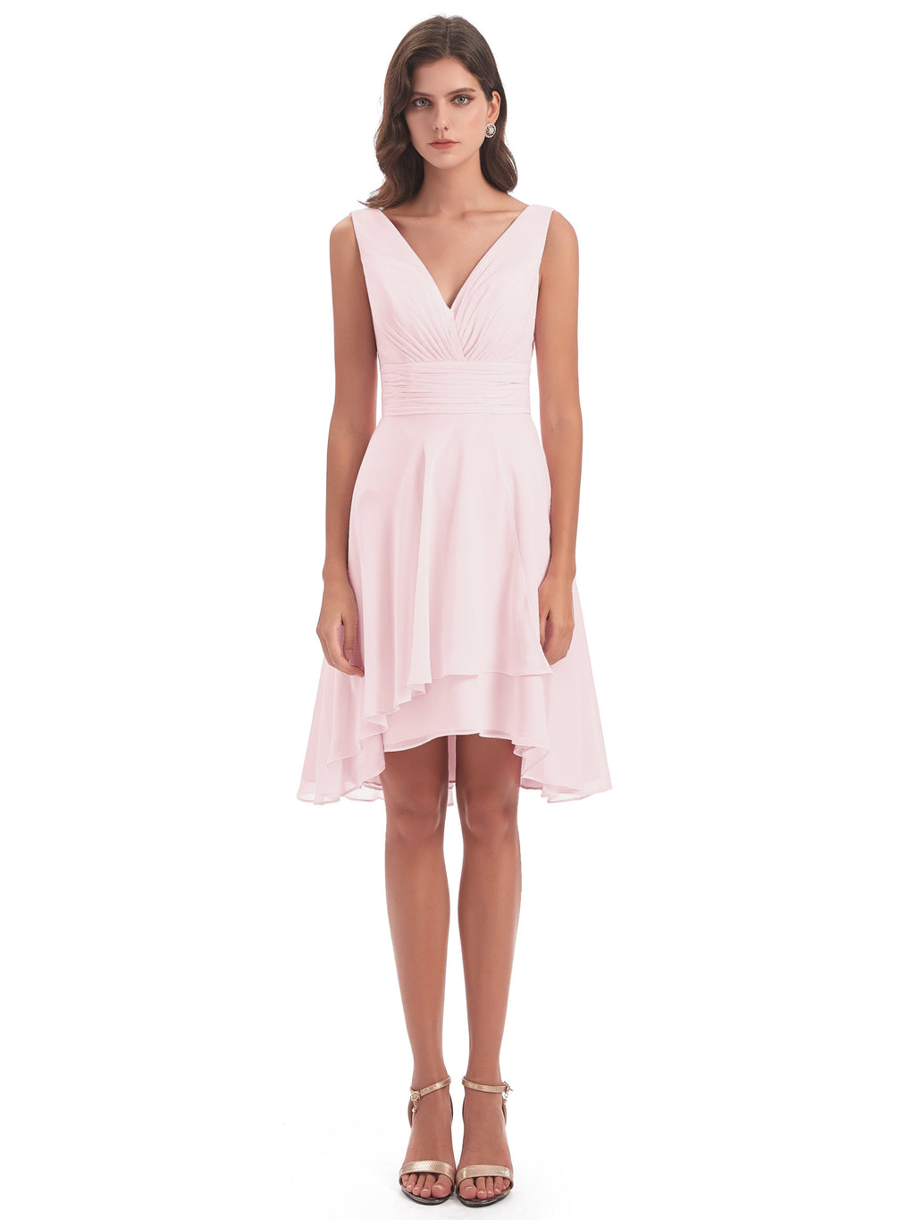 Esperanza Knee Length High Low V-neck Chiffon Bridesmaid Dresses