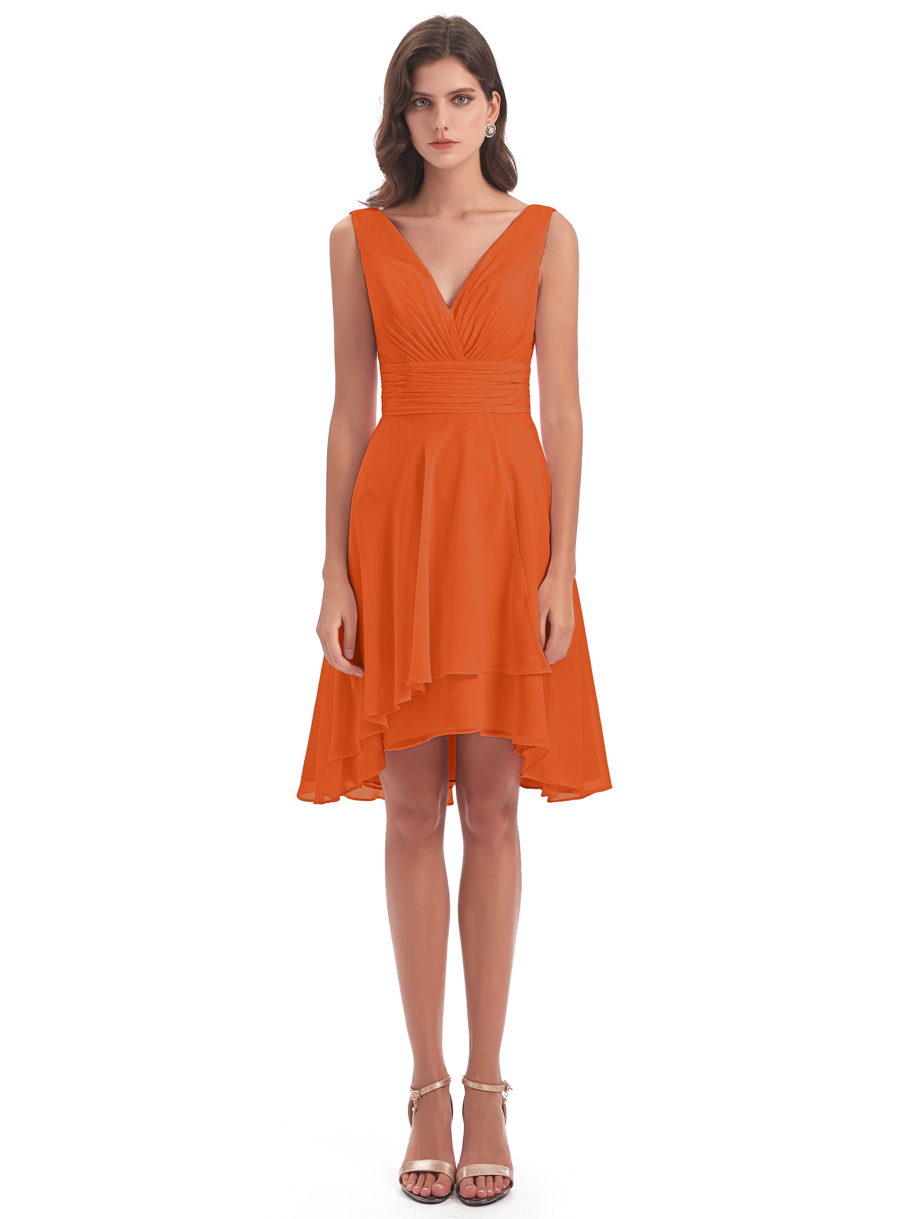 Esperanza Knee Length High Low V-neck Chiffon Bridesmaid Dresses