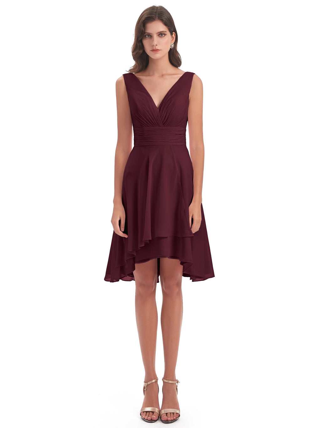 Esperanza Knee Length High Low V-neck Chiffon Bridesmaid Dresses