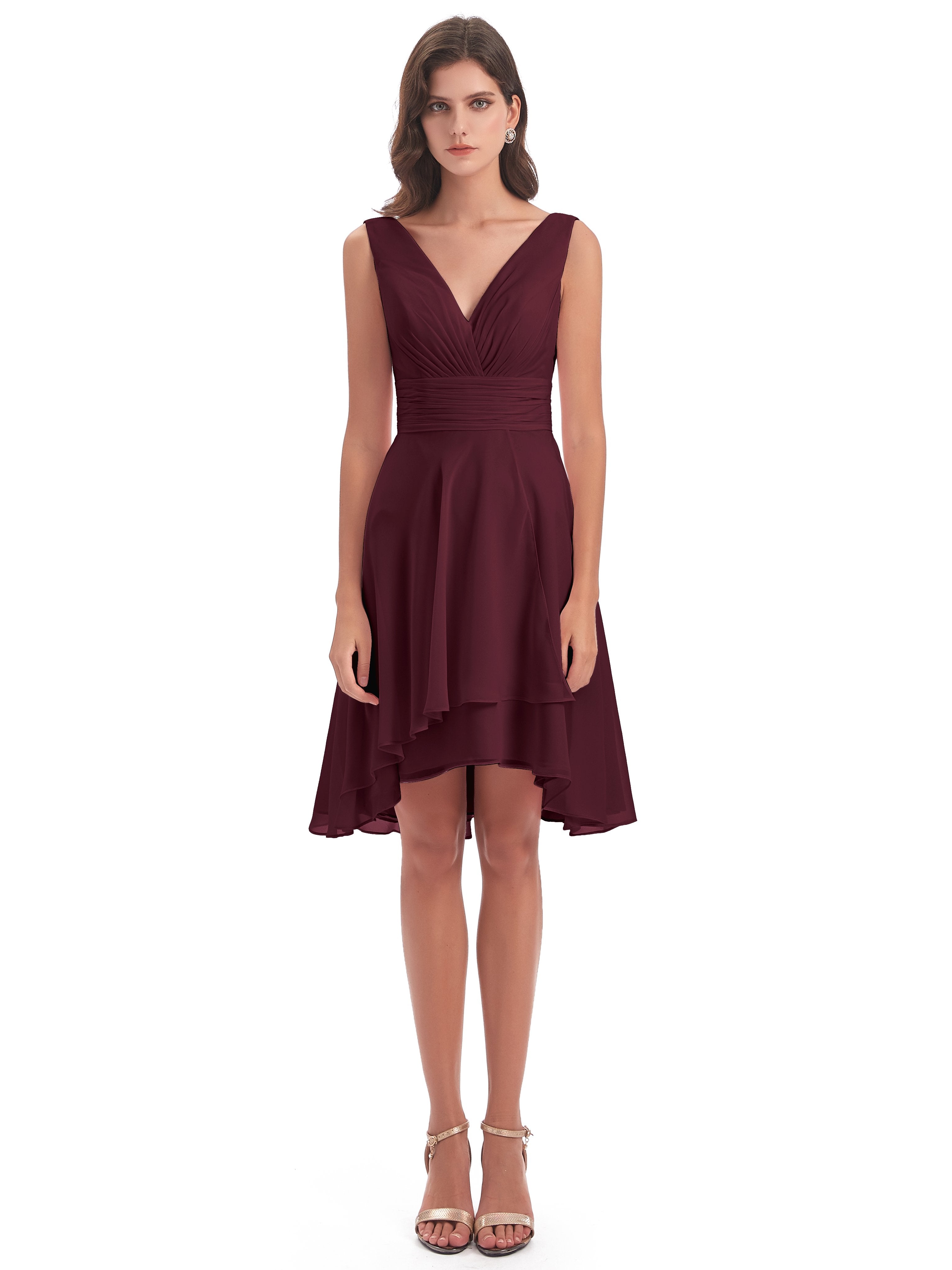 Esperanza Knee Length High Low V-neck Chiffon Bridesmaid Dresses