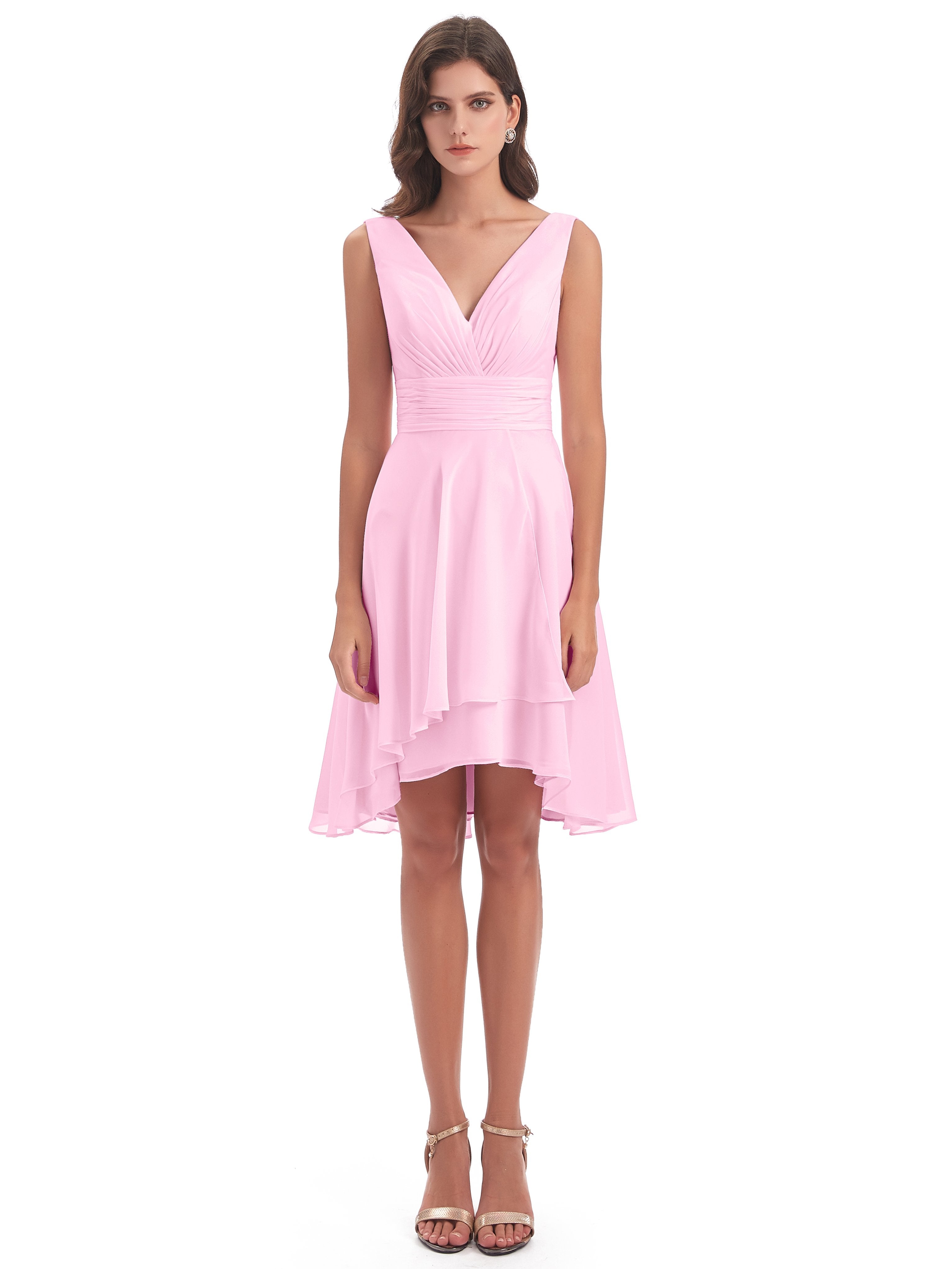Esperanza Knee Length High Low V-neck Chiffon Bridesmaid Dresses