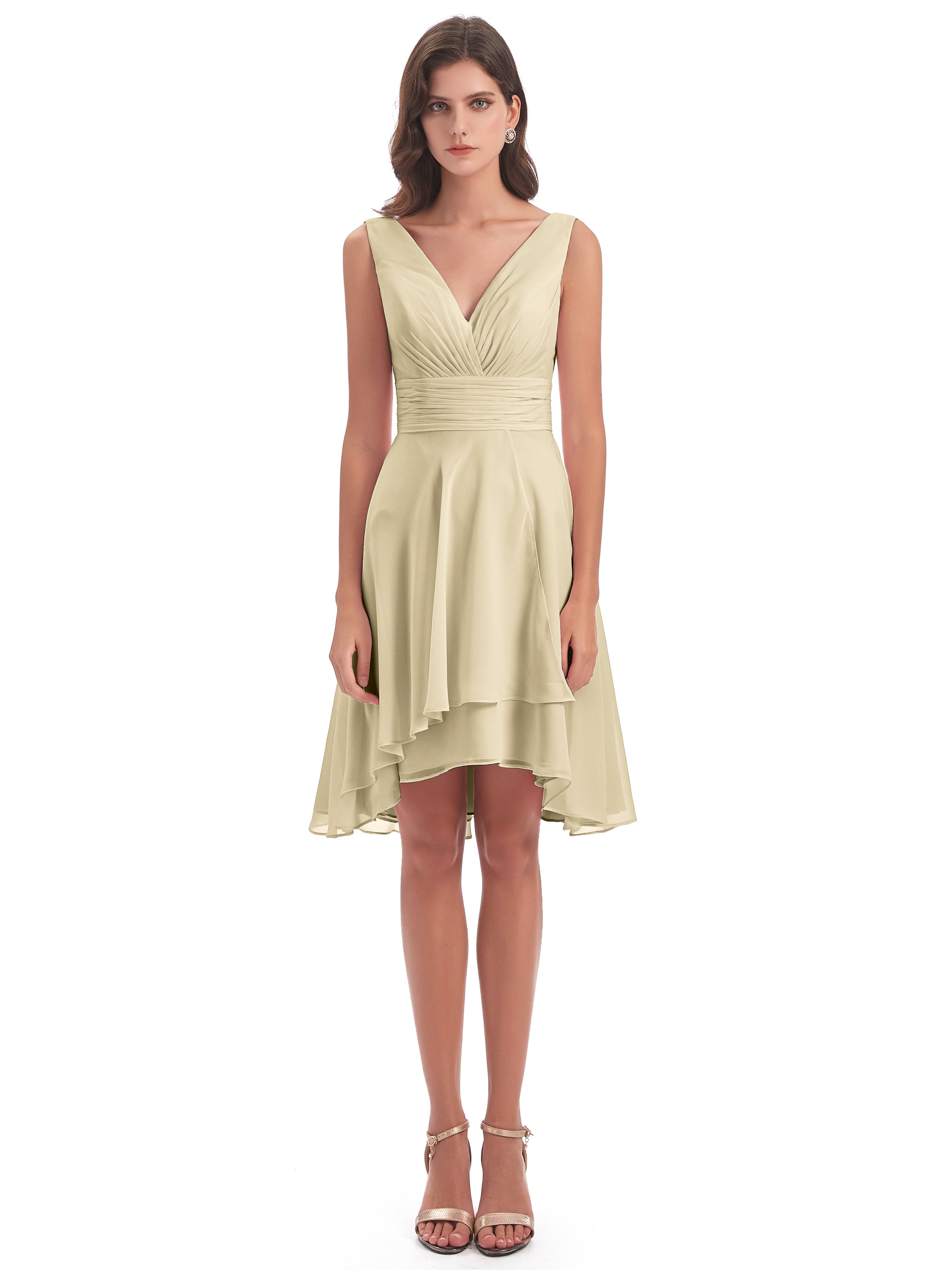 Esperanza Knee Length High Low V-neck Chiffon Bridesmaid Dresses