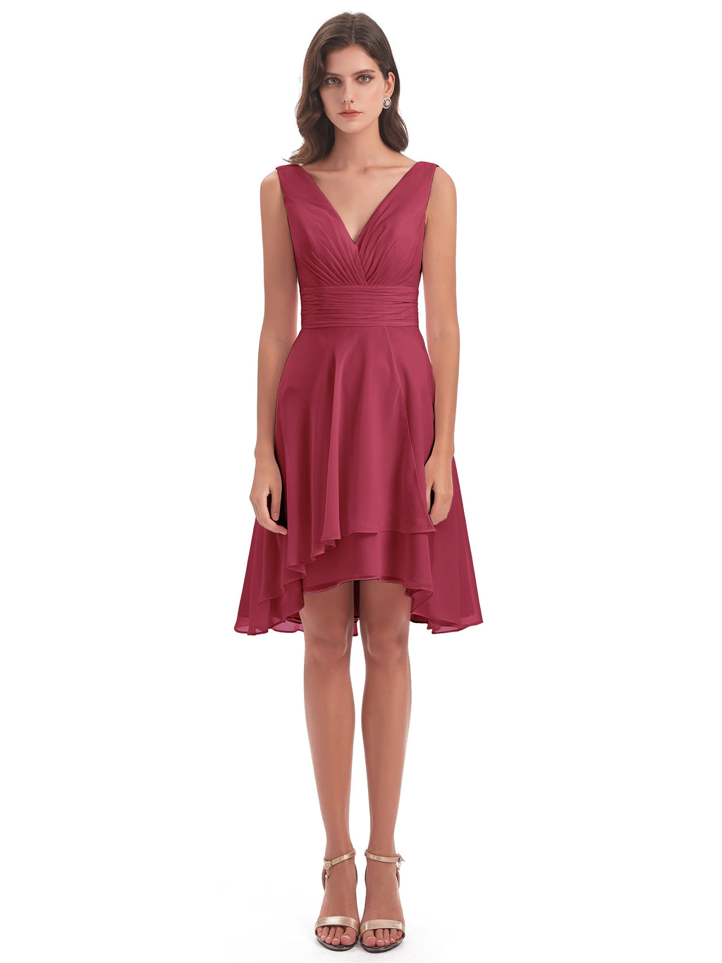Esperanza Knee Length High Low V-neck Chiffon Bridesmaid Dresses