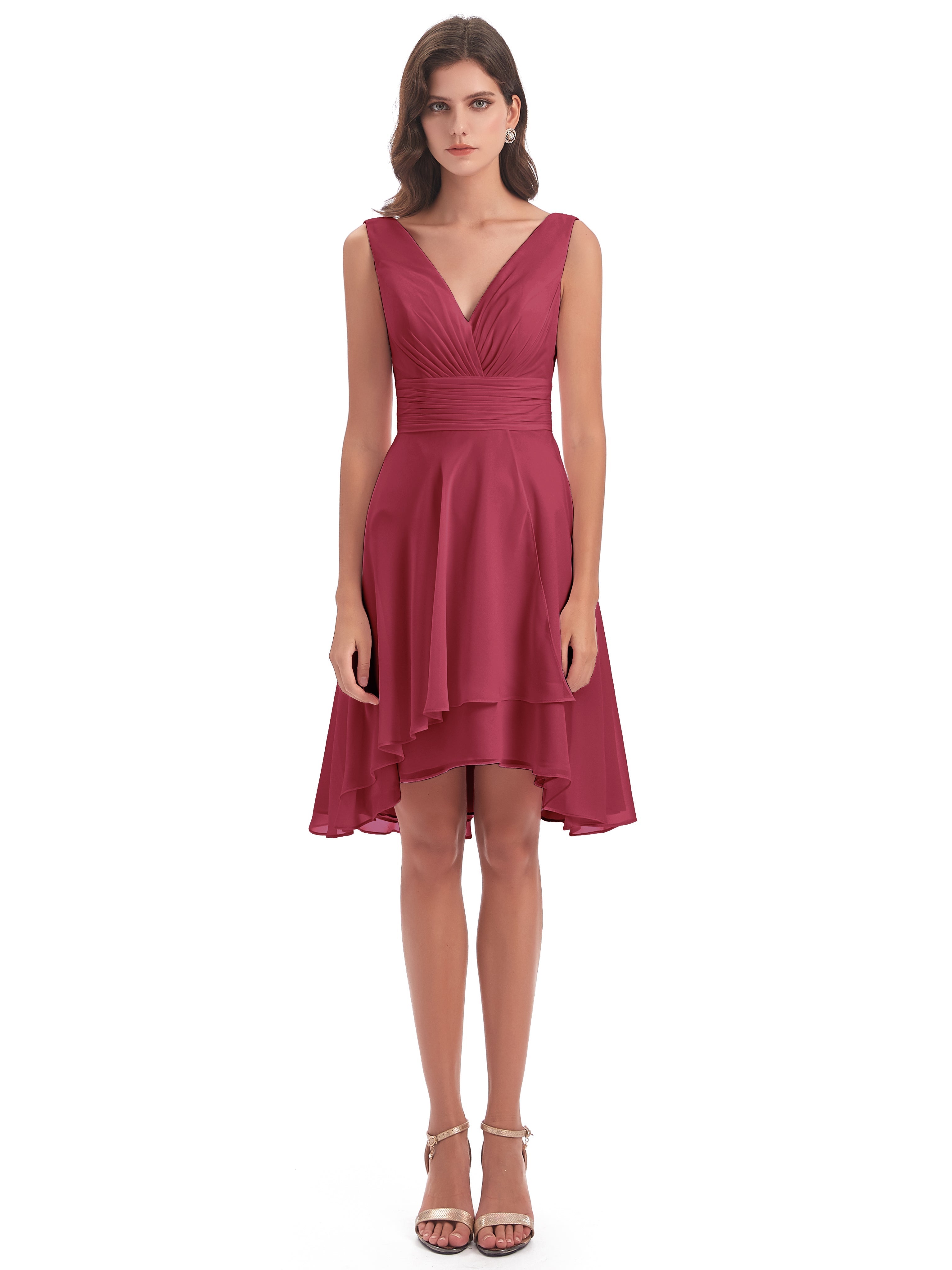 Esperanza Knee Length High Low V-neck Chiffon Bridesmaid Dresses