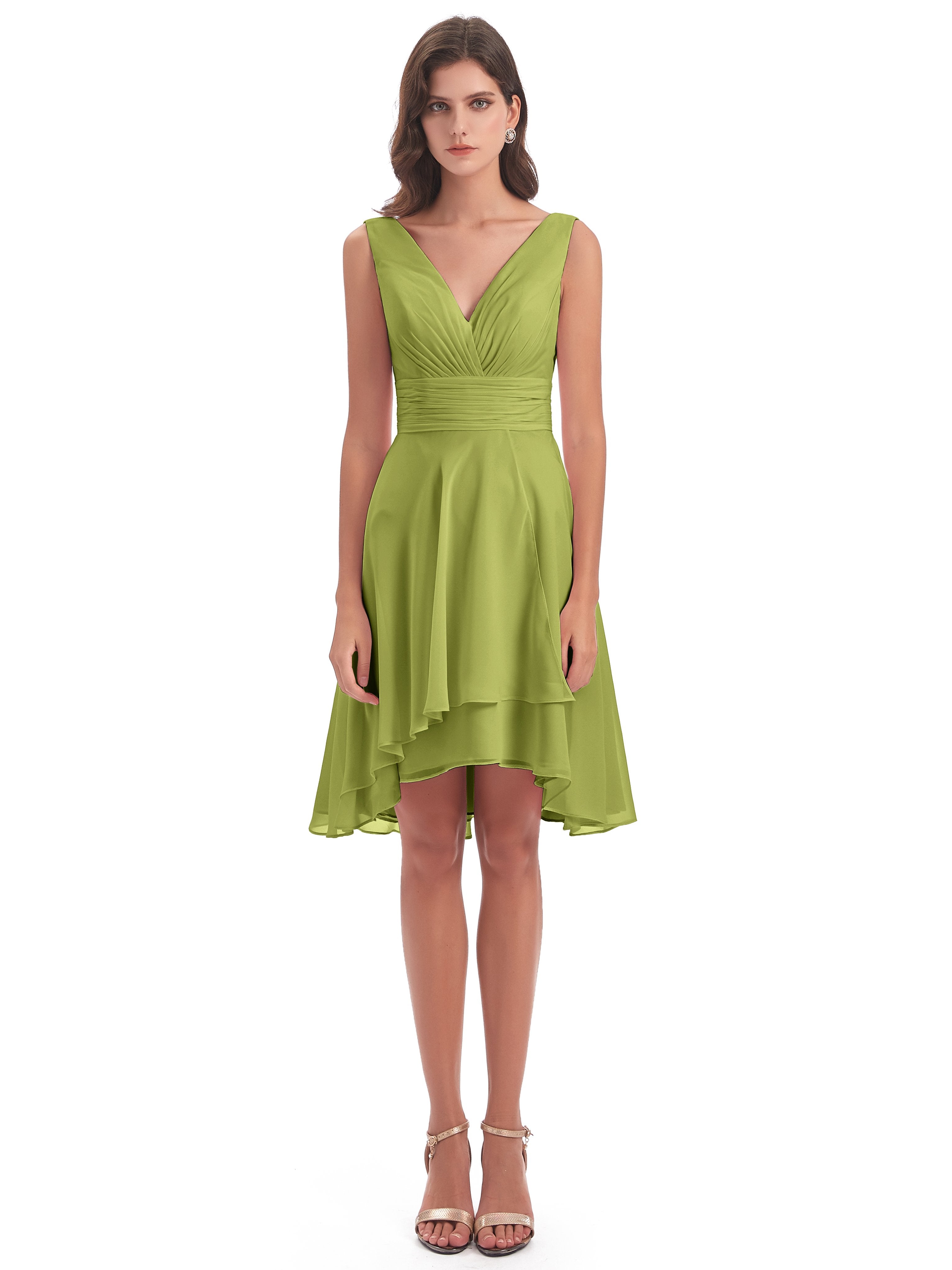 Esperanza Knee Length High Low V-neck Chiffon Bridesmaid Dresses