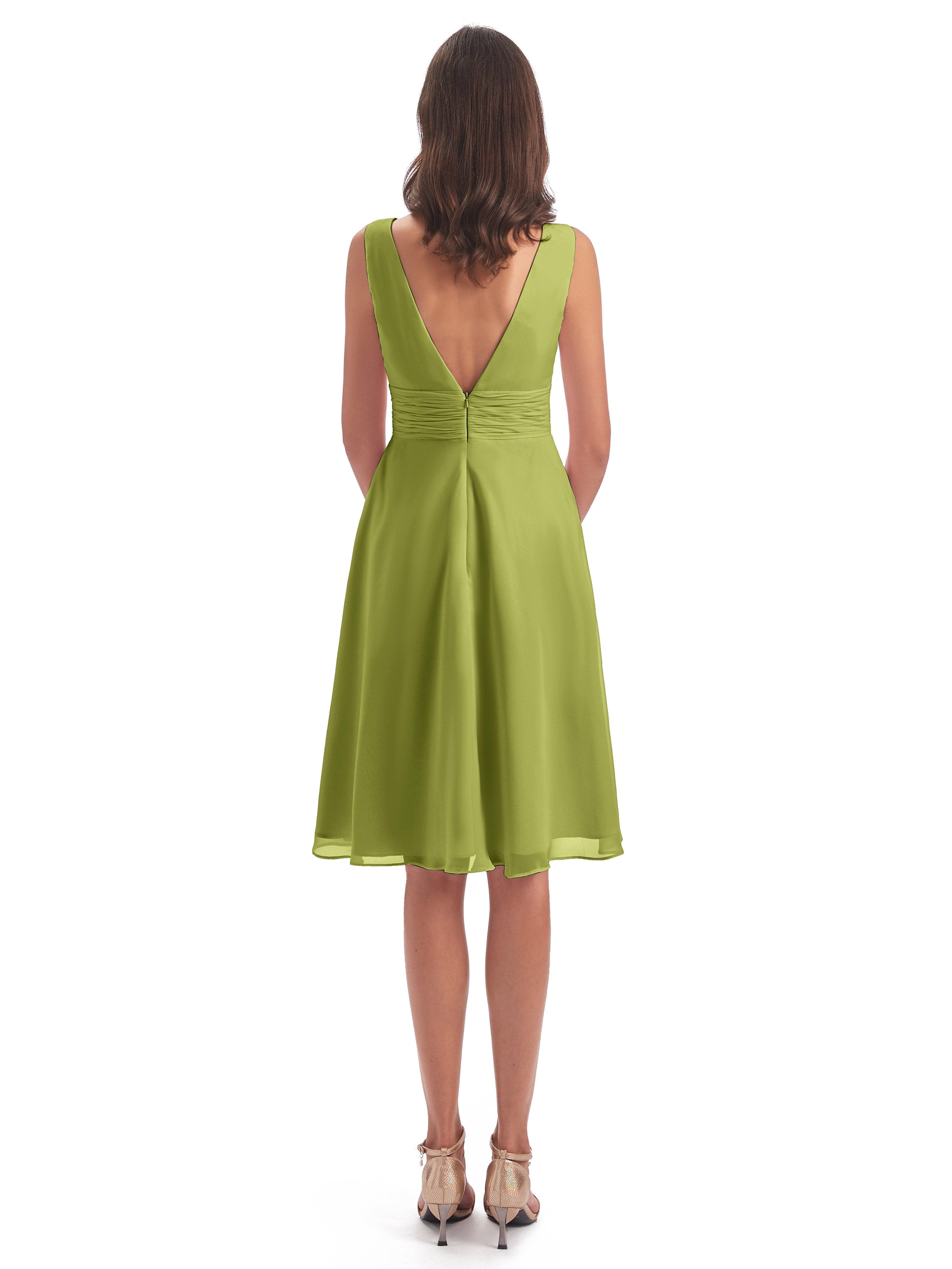 Esperanza Knee Length High Low V-neck Chiffon Bridesmaid Dresses