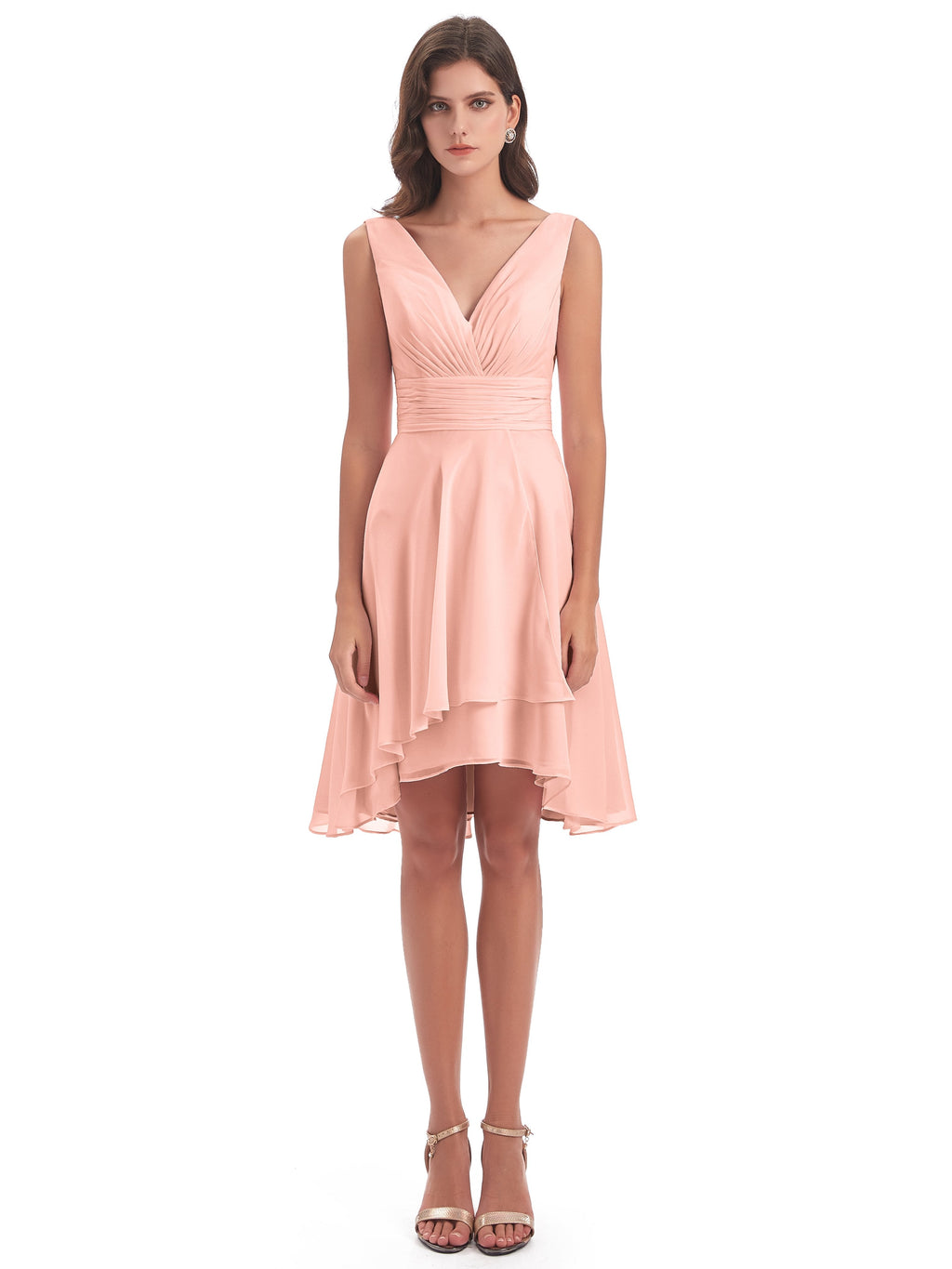 Esperanza Knee Length High Low V-neck Chiffon Bridesmaid Dresses