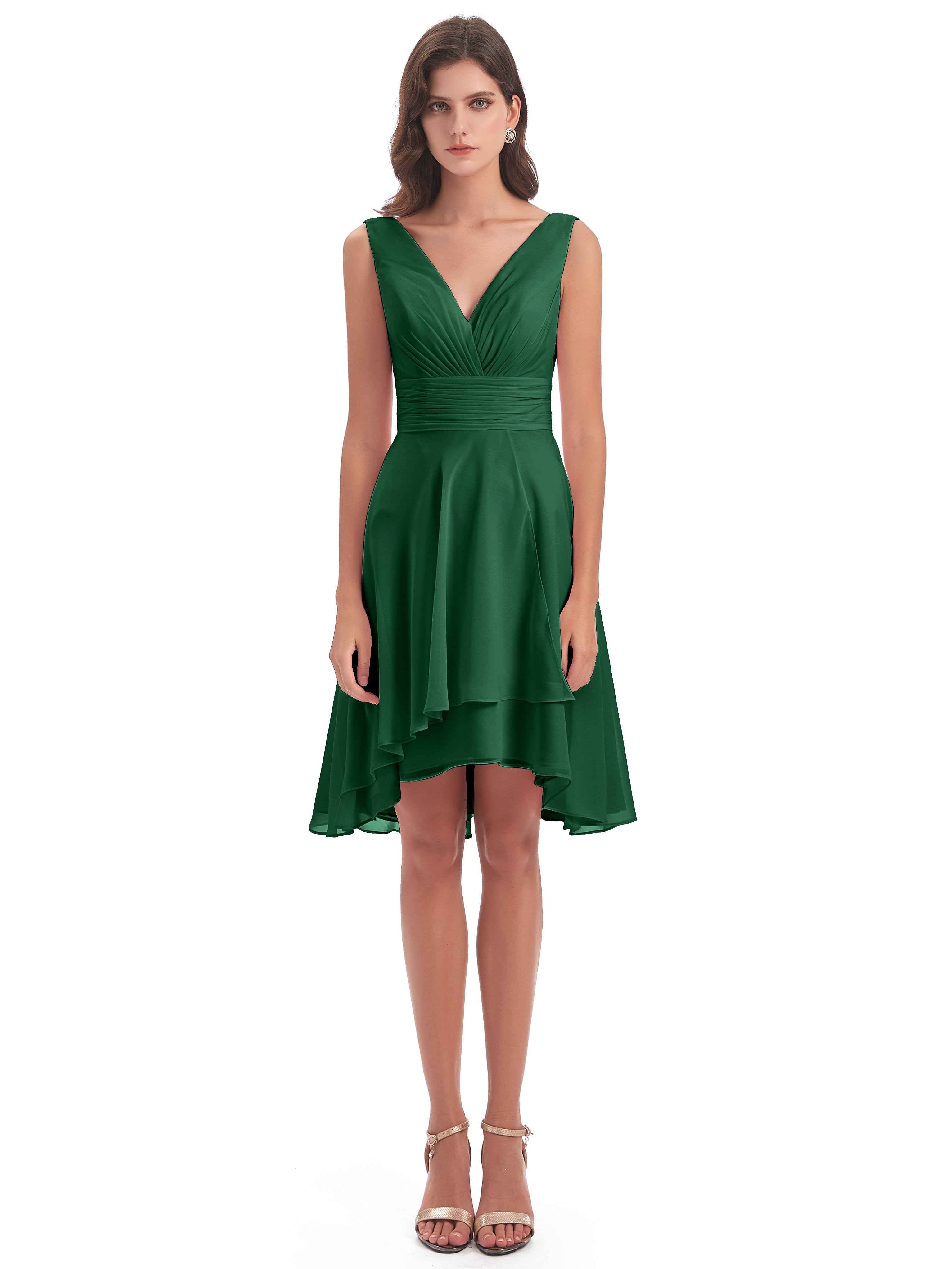 Esperanza Knee Length High Low V-neck Chiffon Bridesmaid Dresses