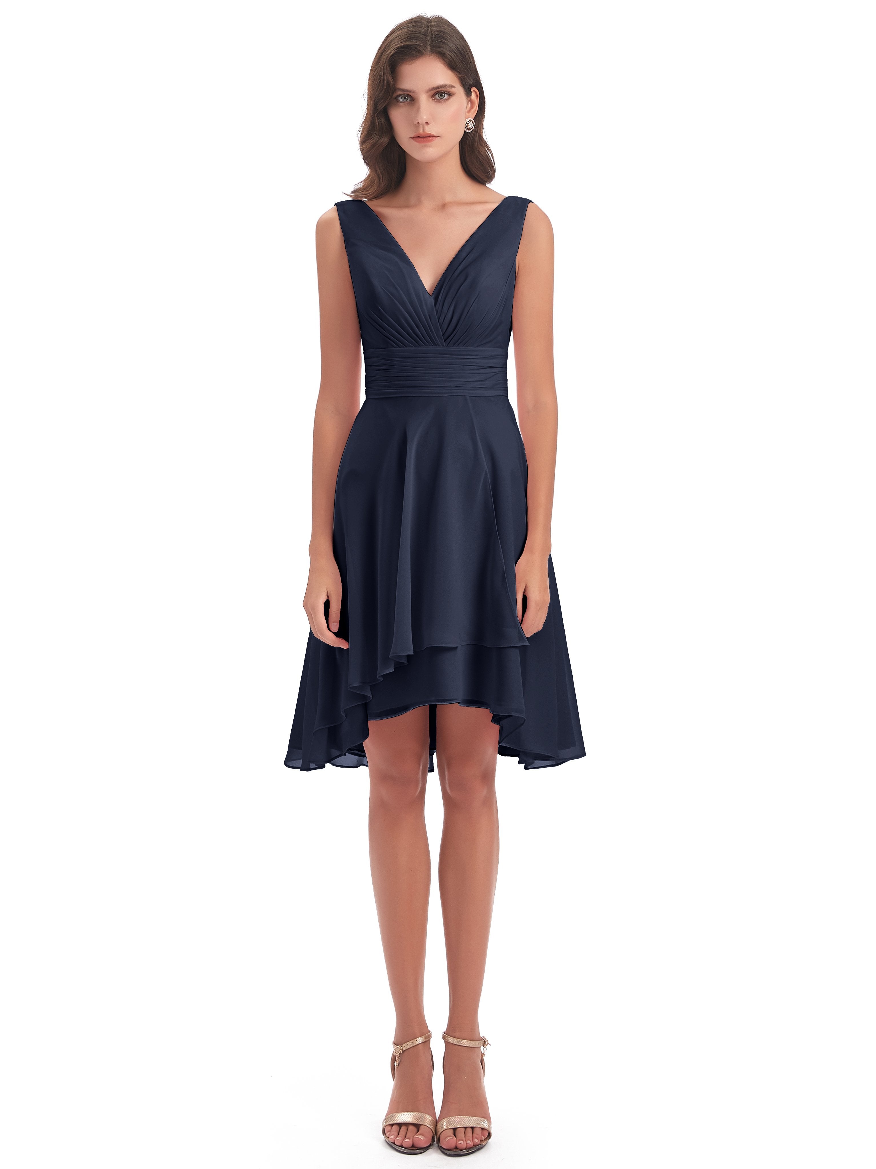 Esperanza Knee Length High Low V-neck Chiffon Bridesmaid Dresses