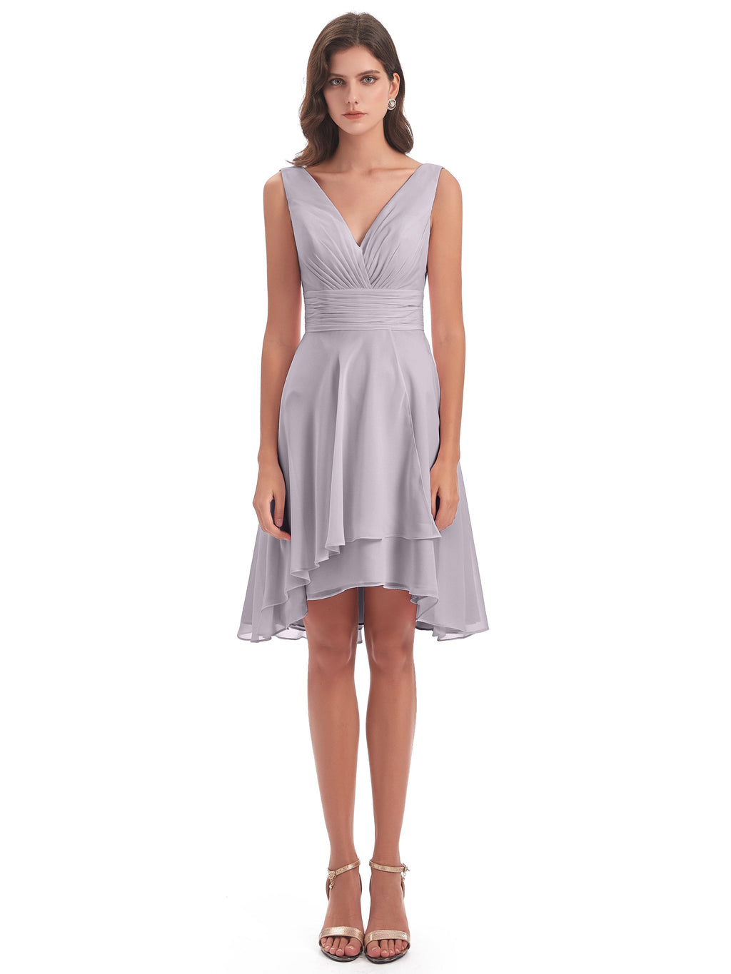Esperanza Knee Length High Low V-neck Chiffon Bridesmaid Dresses