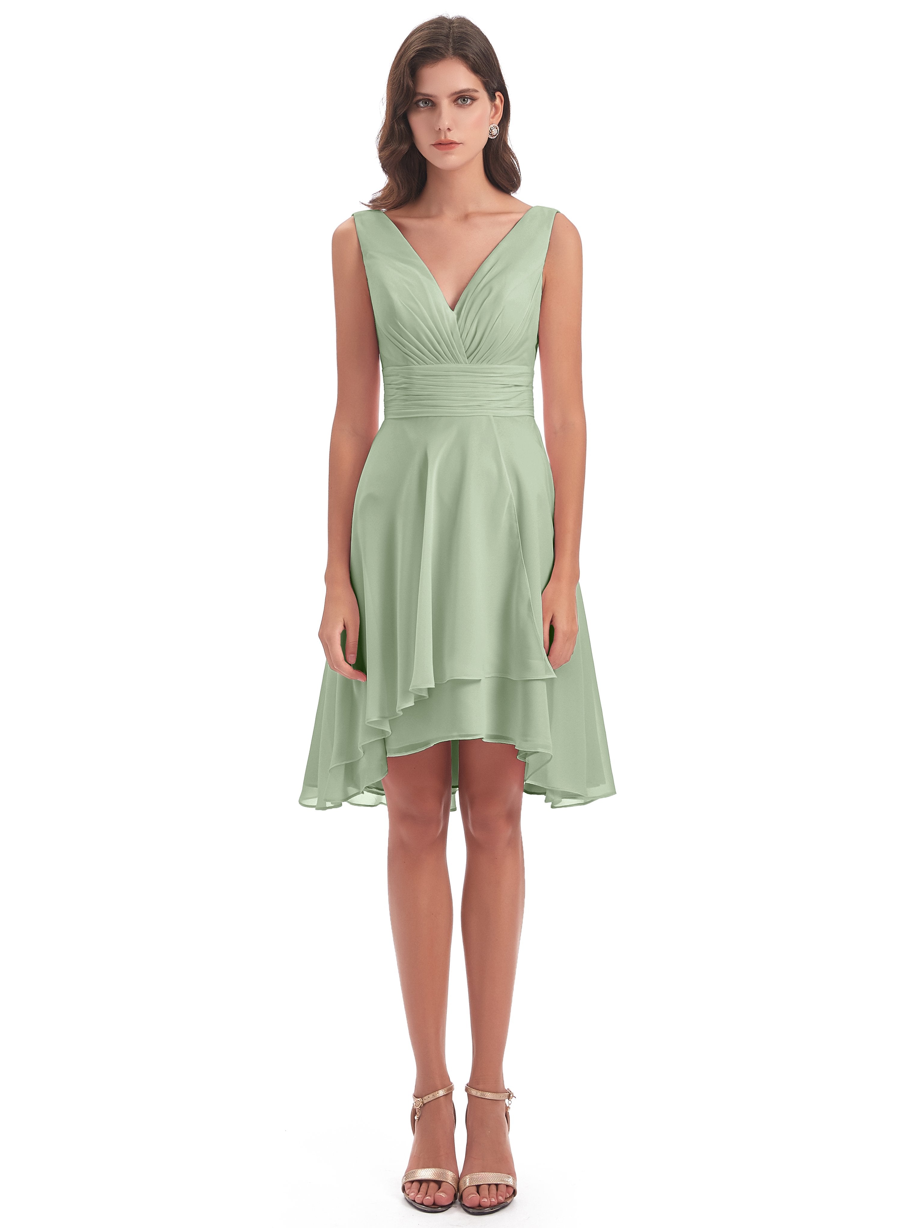 Esperanza Knee Length High Low V-neck Chiffon Bridesmaid Dresses