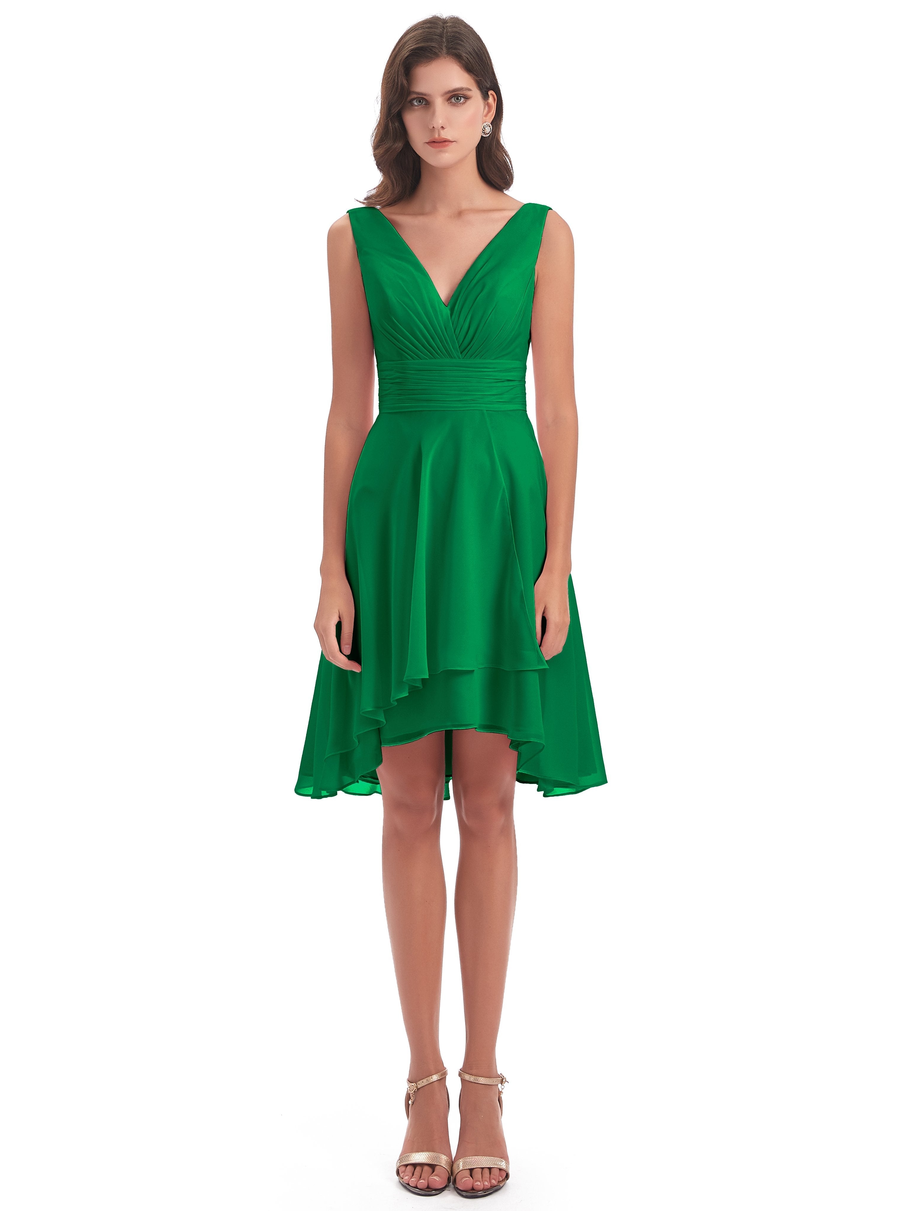 Esperanza Knee Length High Low V-neck Chiffon Bridesmaid Dresses