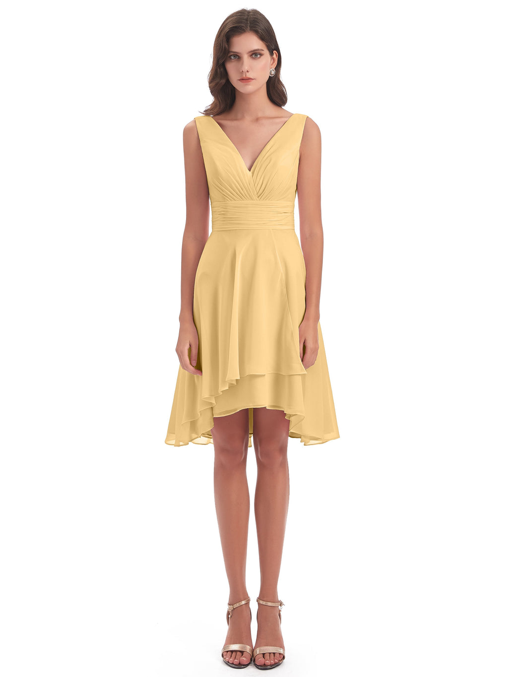 Esperanza Knee Length High Low V-neck Chiffon Bridesmaid Dresses