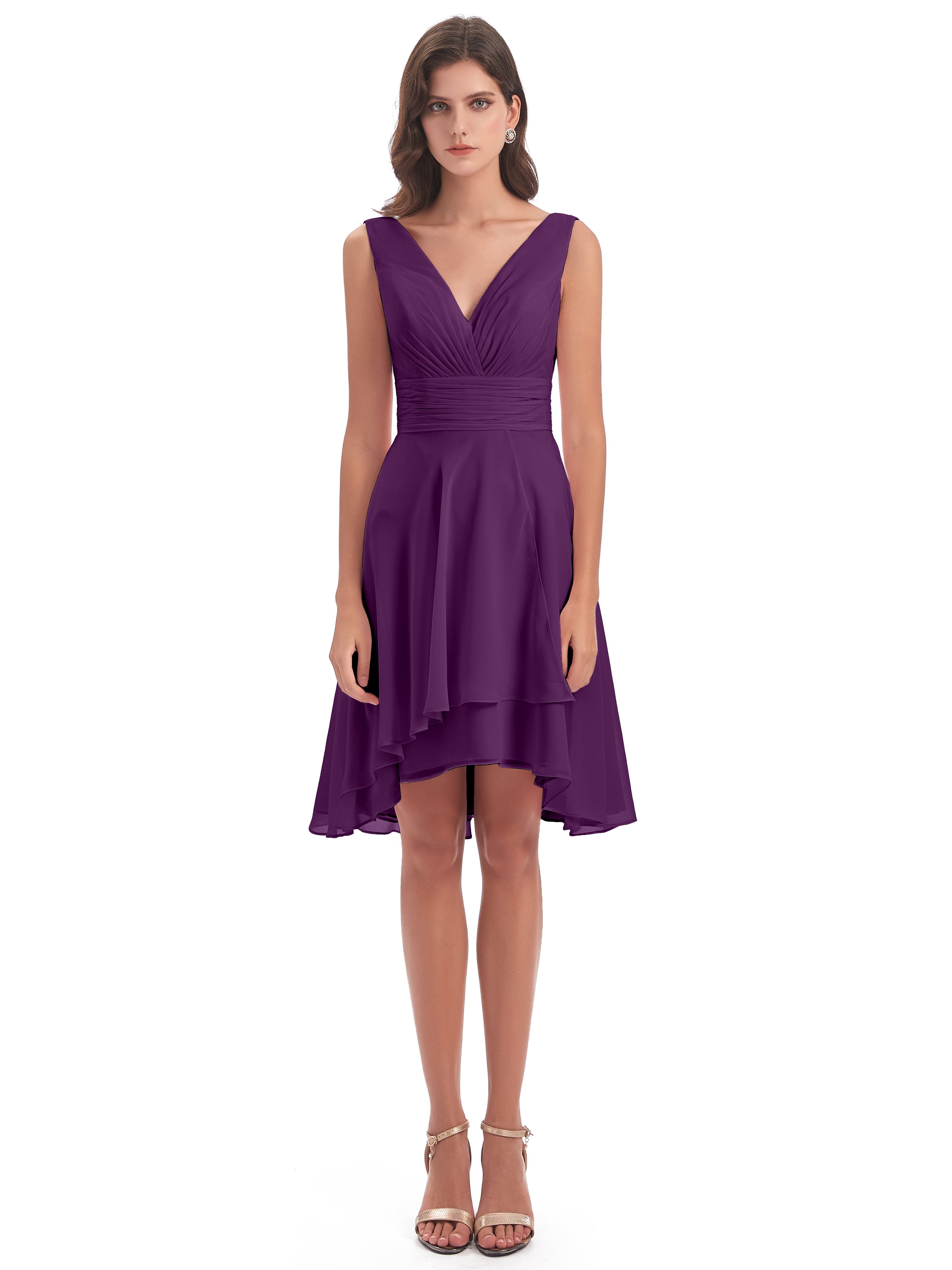 Esperanza Knee Length High Low V-neck Chiffon Bridesmaid Dresses