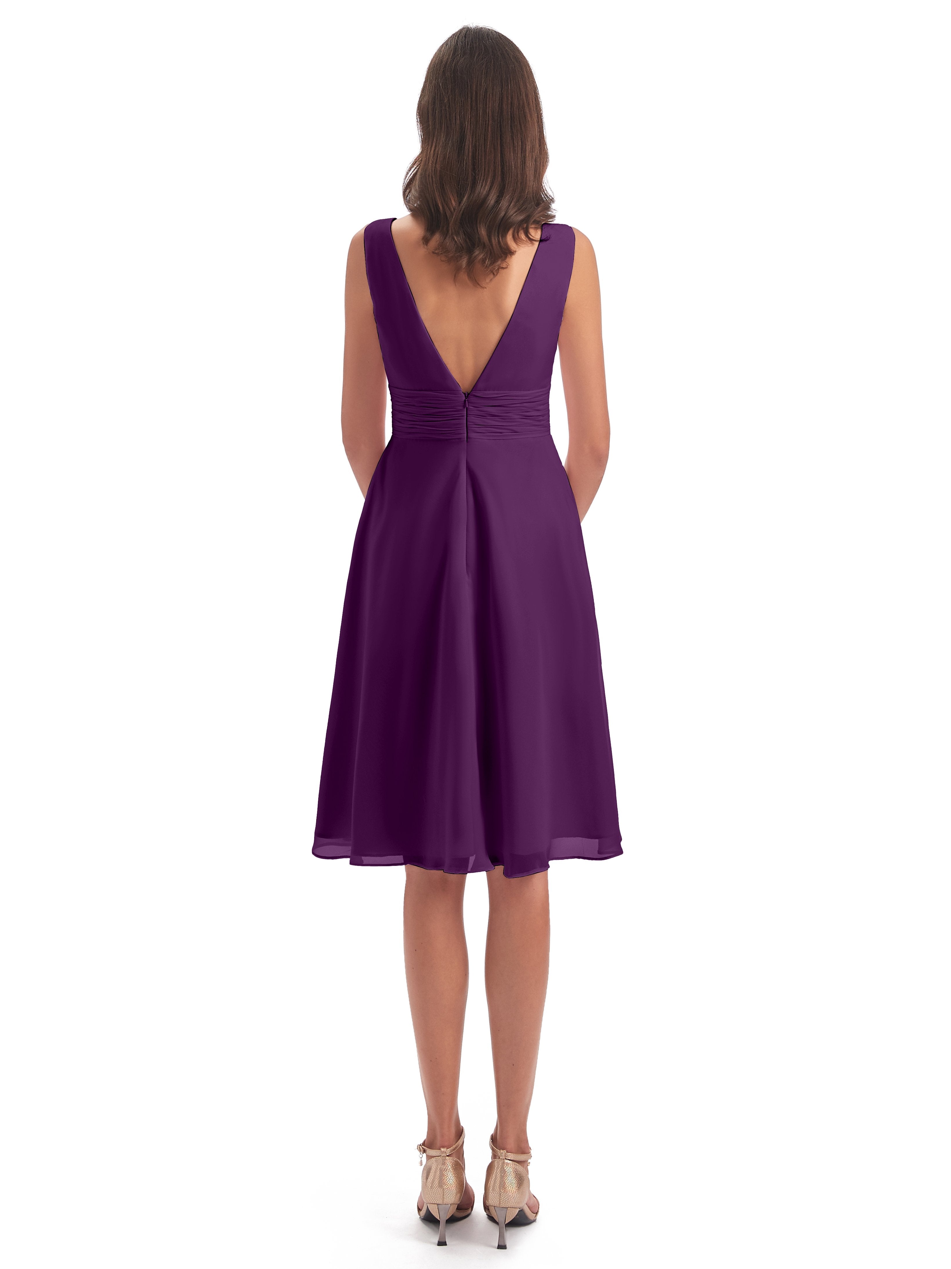 Esperanza Knee Length High Low V-neck Chiffon Bridesmaid Dresses