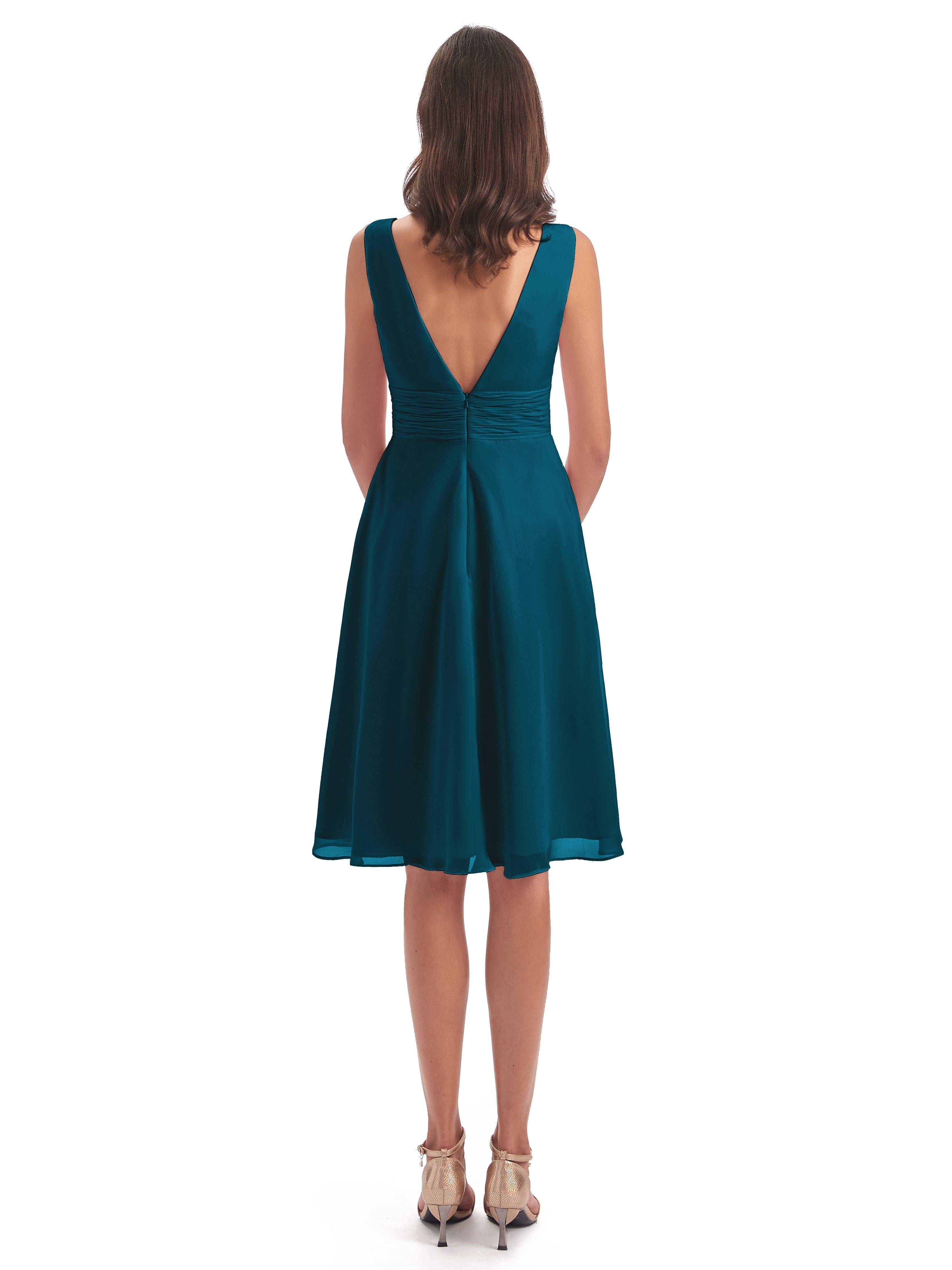 Esperanza Knee Length High Low V-neck Chiffon Bridesmaid Dresses