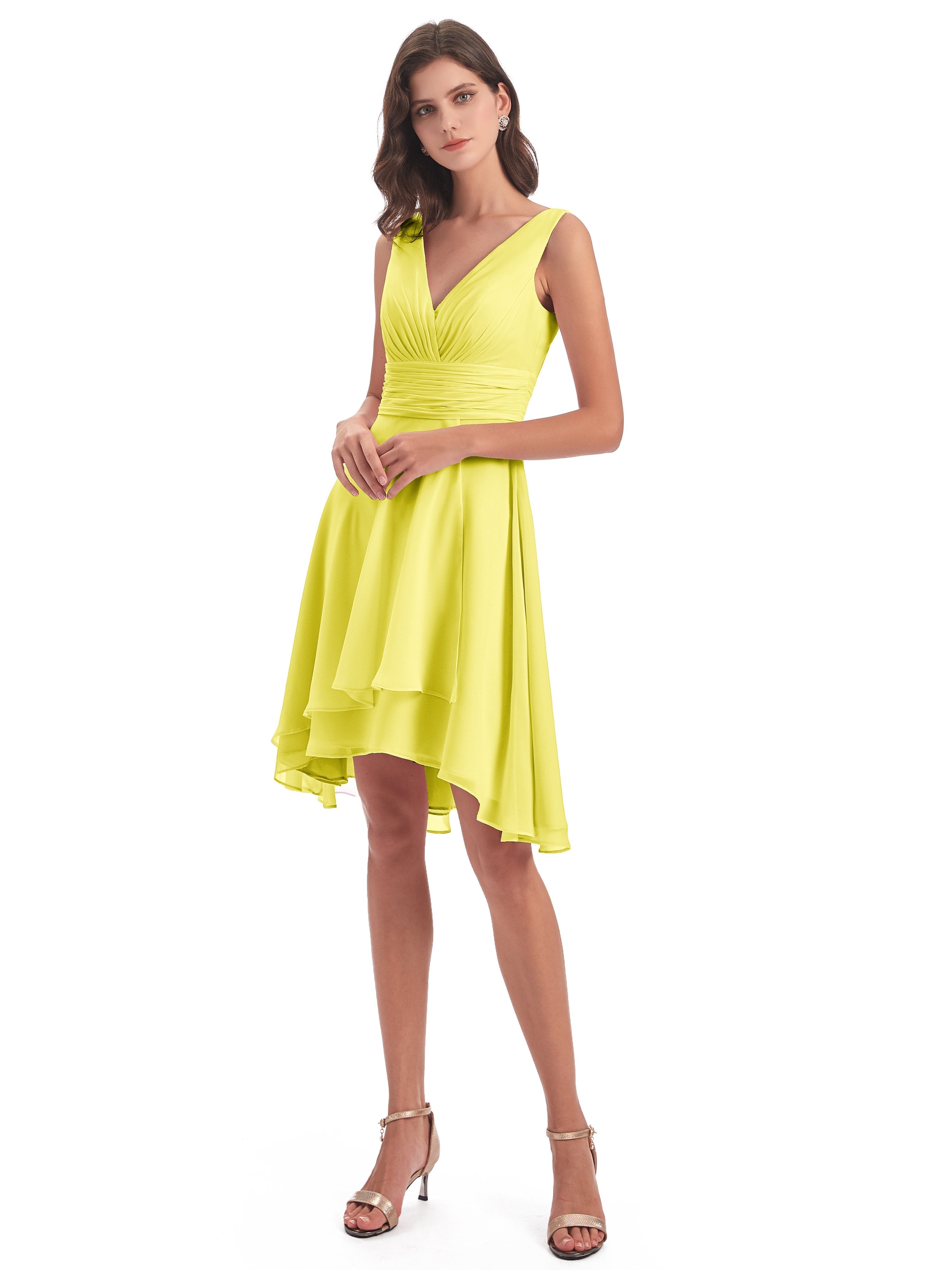 Esperanza Knee Length High Low V-neck Chiffon Bridesmaid Dresses