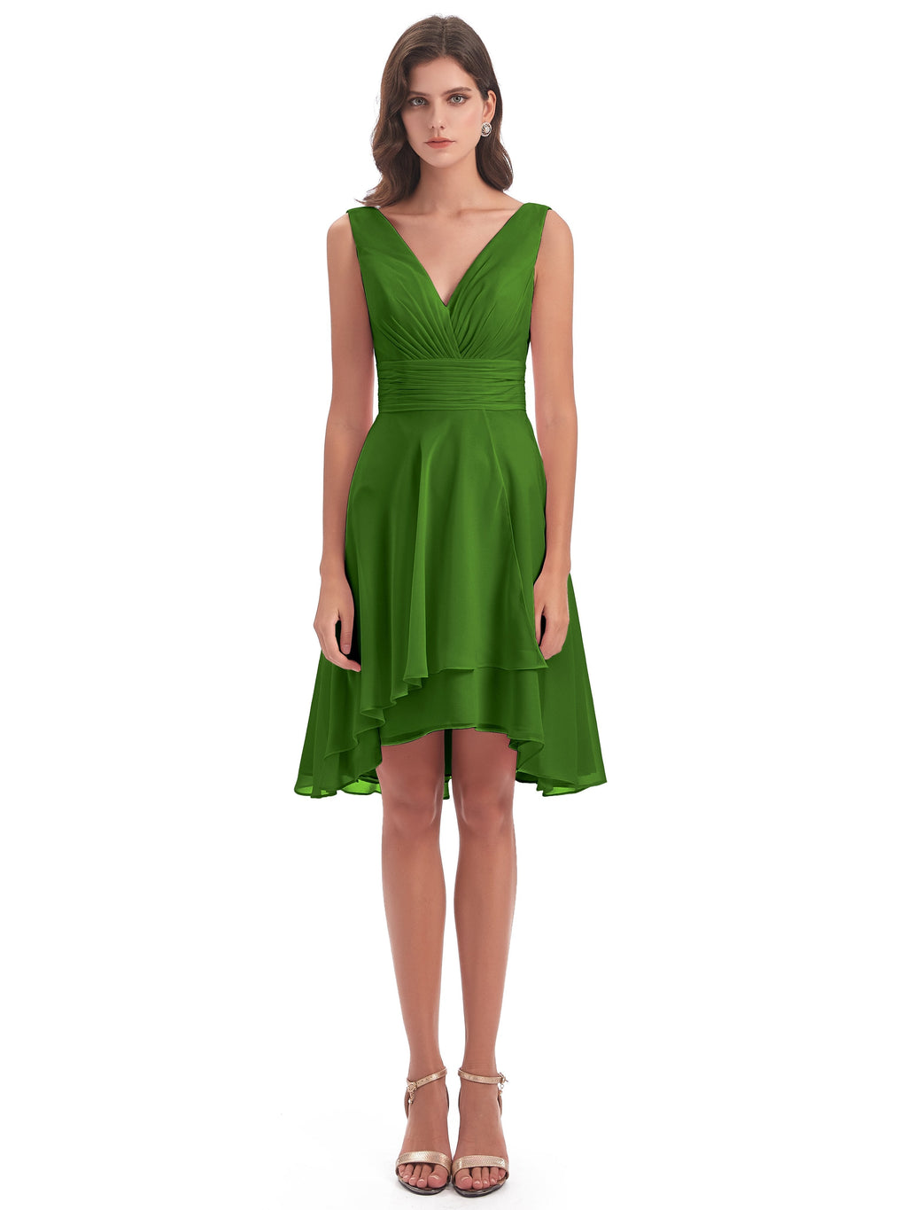 Esperanza Knee Length High Low V-neck Chiffon Bridesmaid Dresses