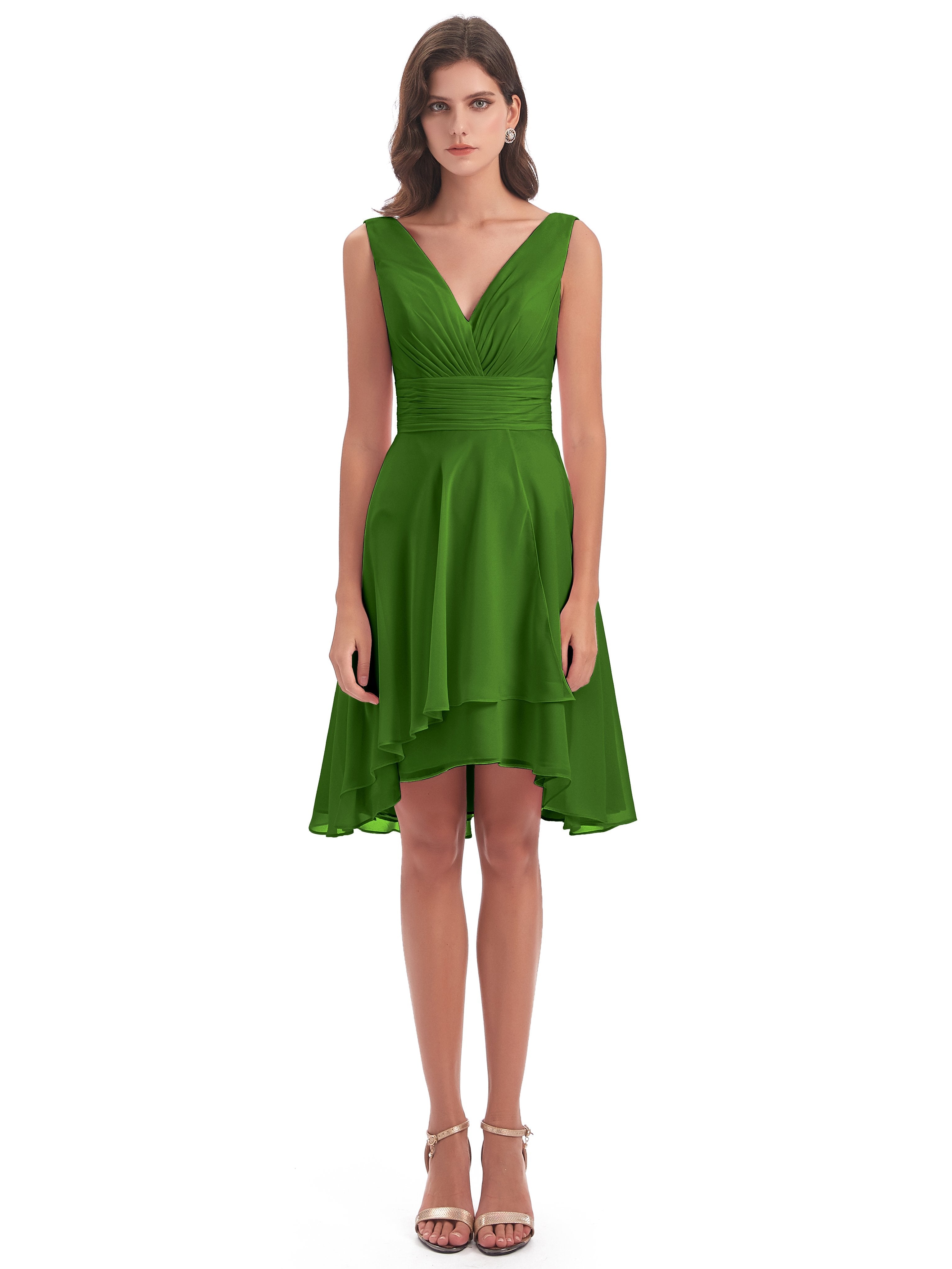 Esperanza Knee Length High Low V-neck Chiffon Bridesmaid Dresses