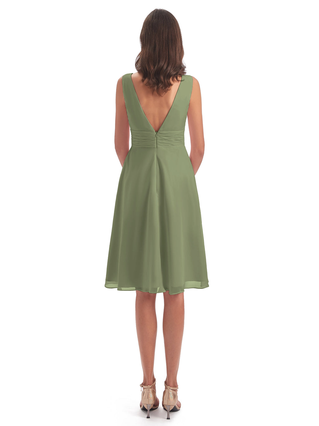 Esperanza Knee Length High Low V-neck Chiffon Bridesmaid Dresses