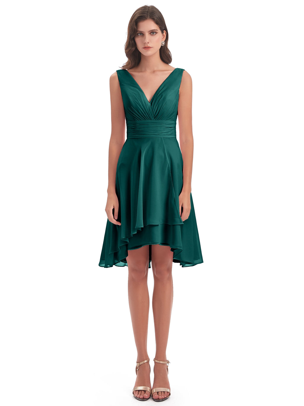 Esperanza Knee Length High Low V-neck Chiffon Bridesmaid Dresses
