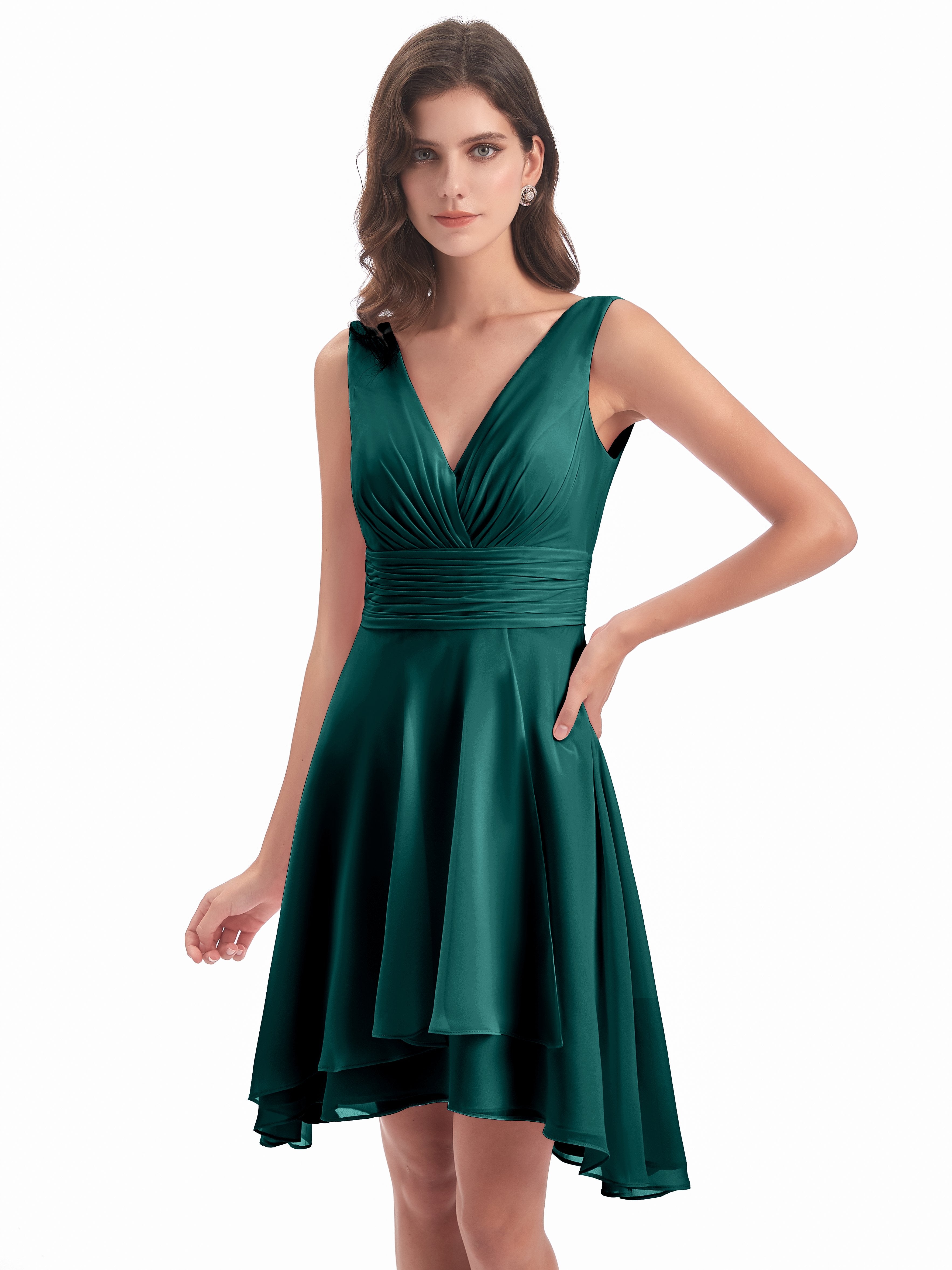 Esperanza Knee Length High Low V-neck Chiffon Bridesmaid Dresses