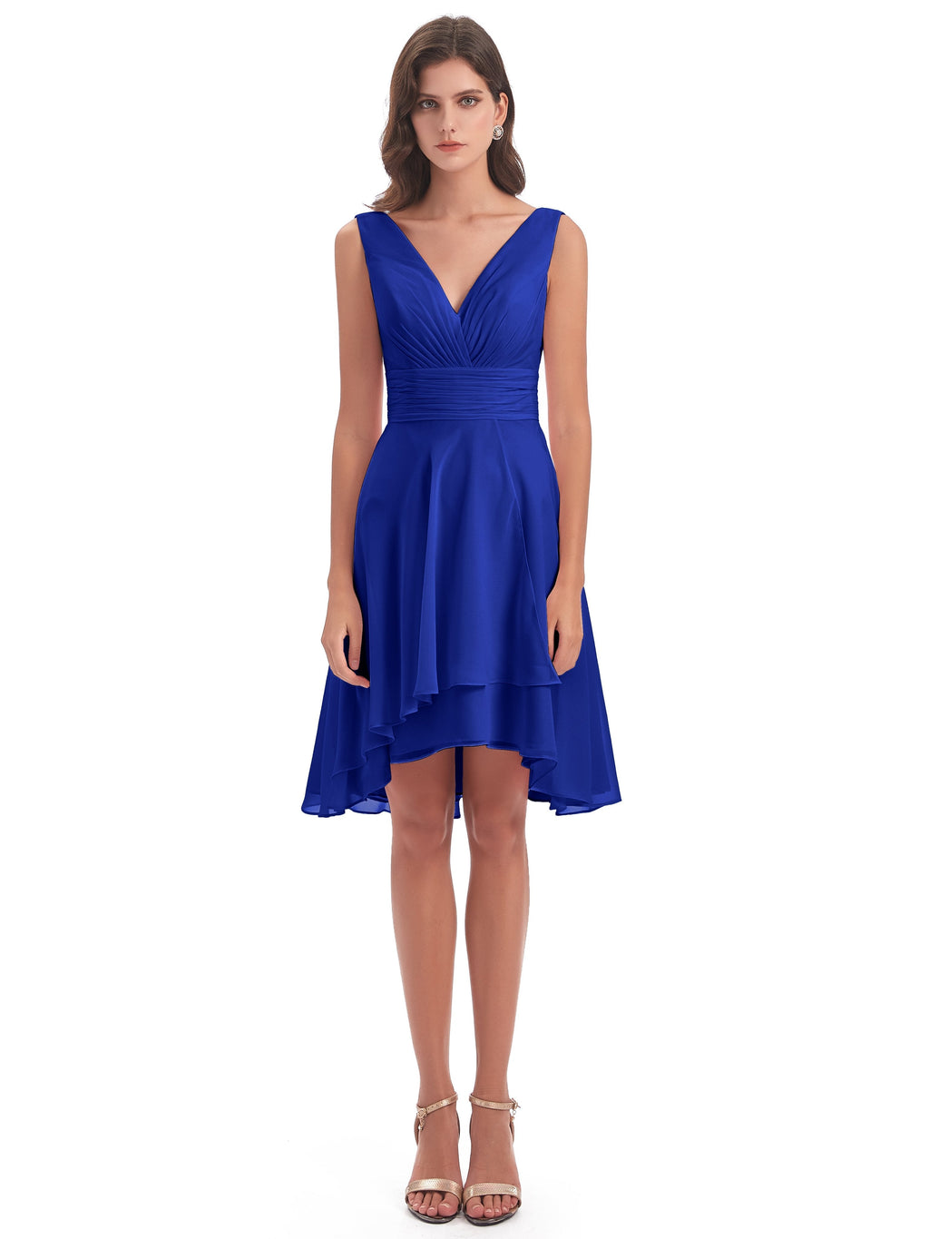 Esperanza Knee Length High Low V-neck Chiffon Bridesmaid Dresses