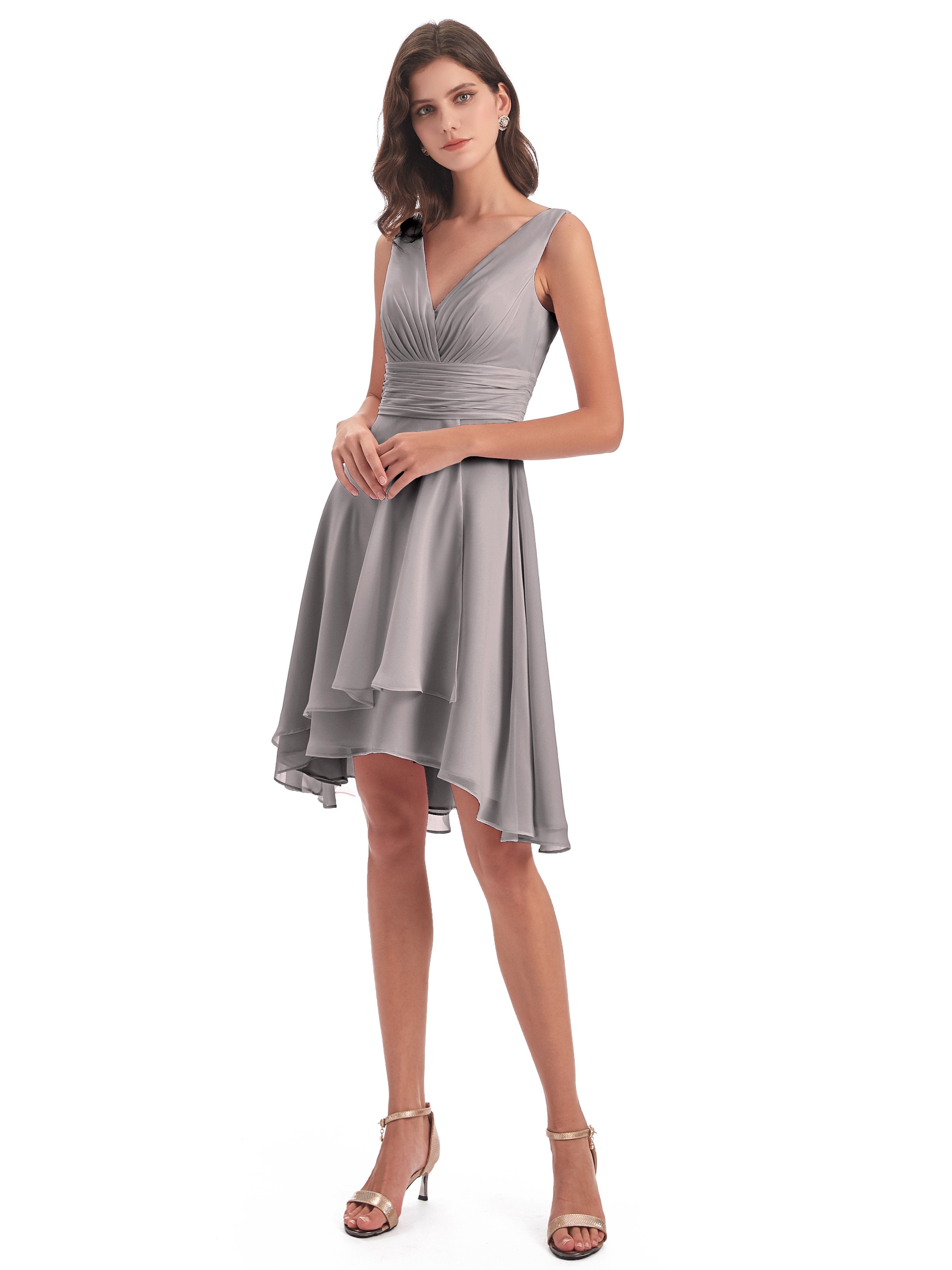 Esperanza Knee Length High Low V-neck Chiffon Bridesmaid Dresses
