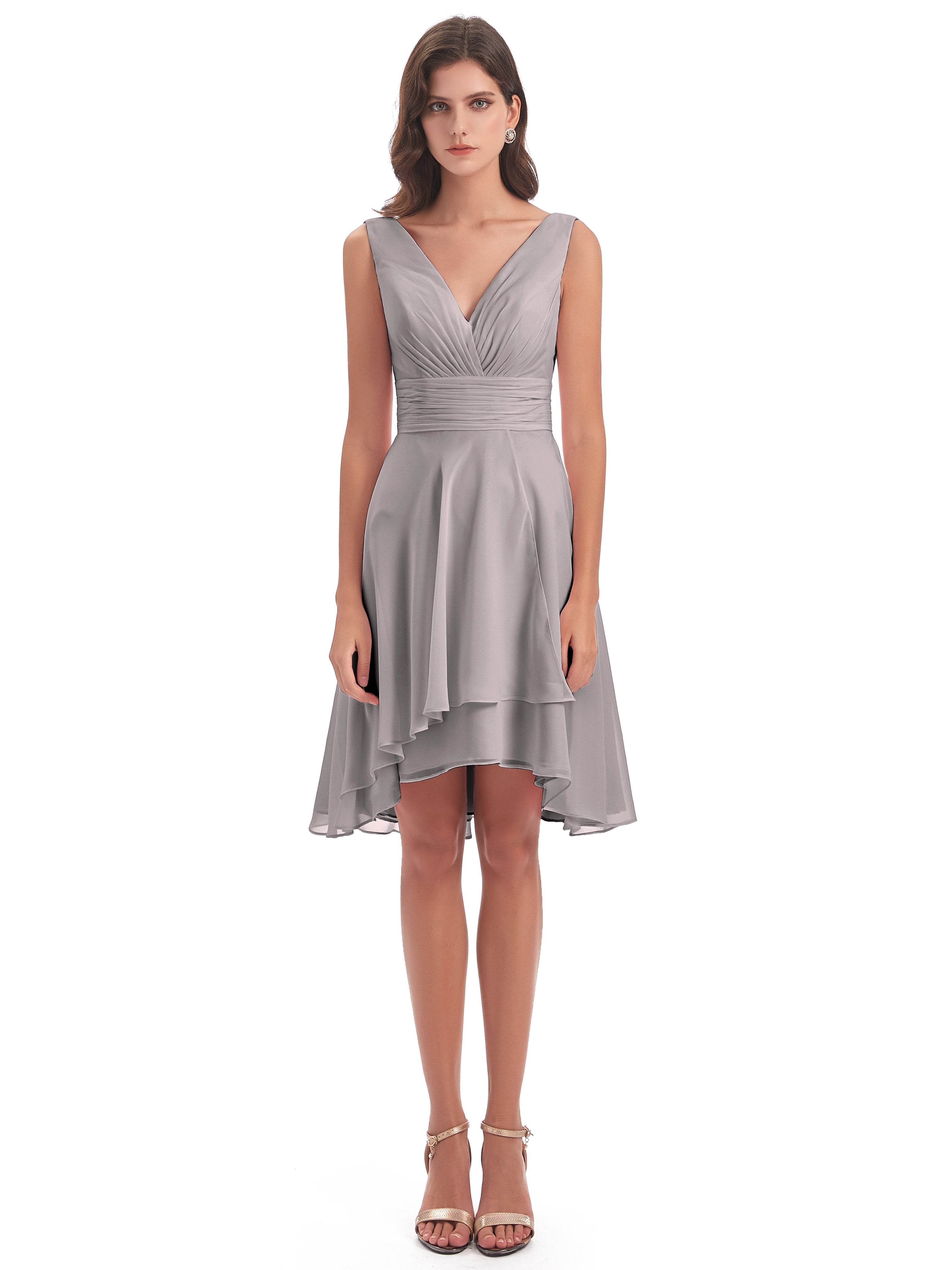 Esperanza Knee Length High Low V-neck Chiffon Bridesmaid Dresses