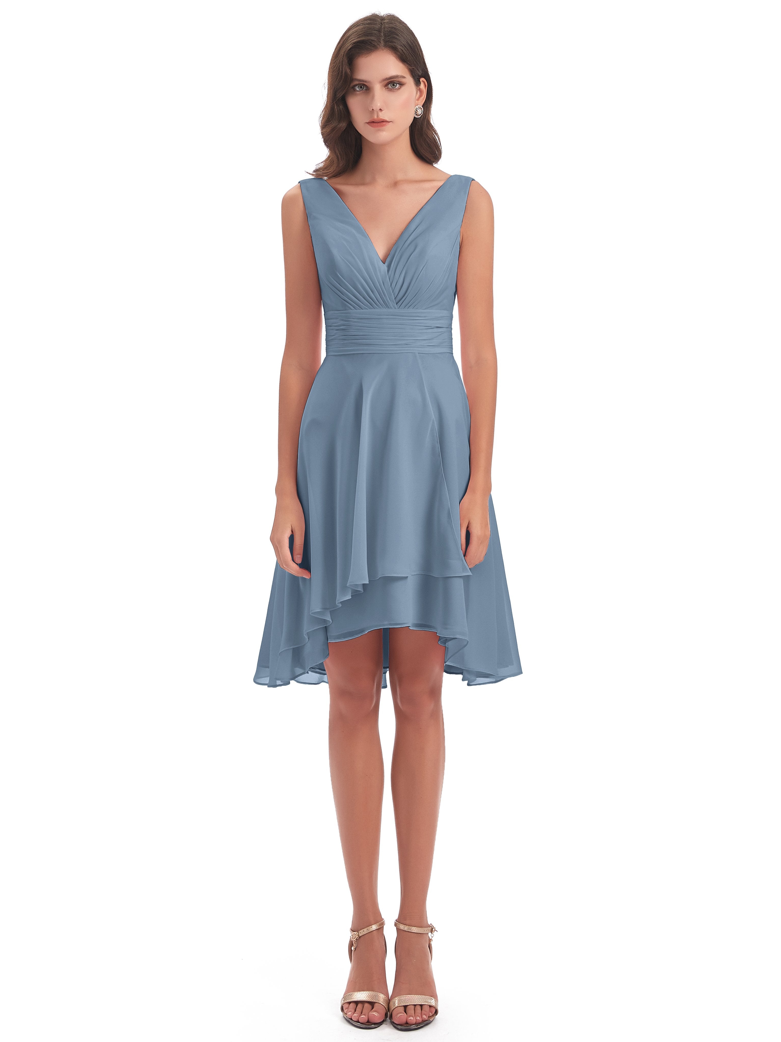 Esperanza Knee Length High Low V-neck Chiffon Bridesmaid Dresses