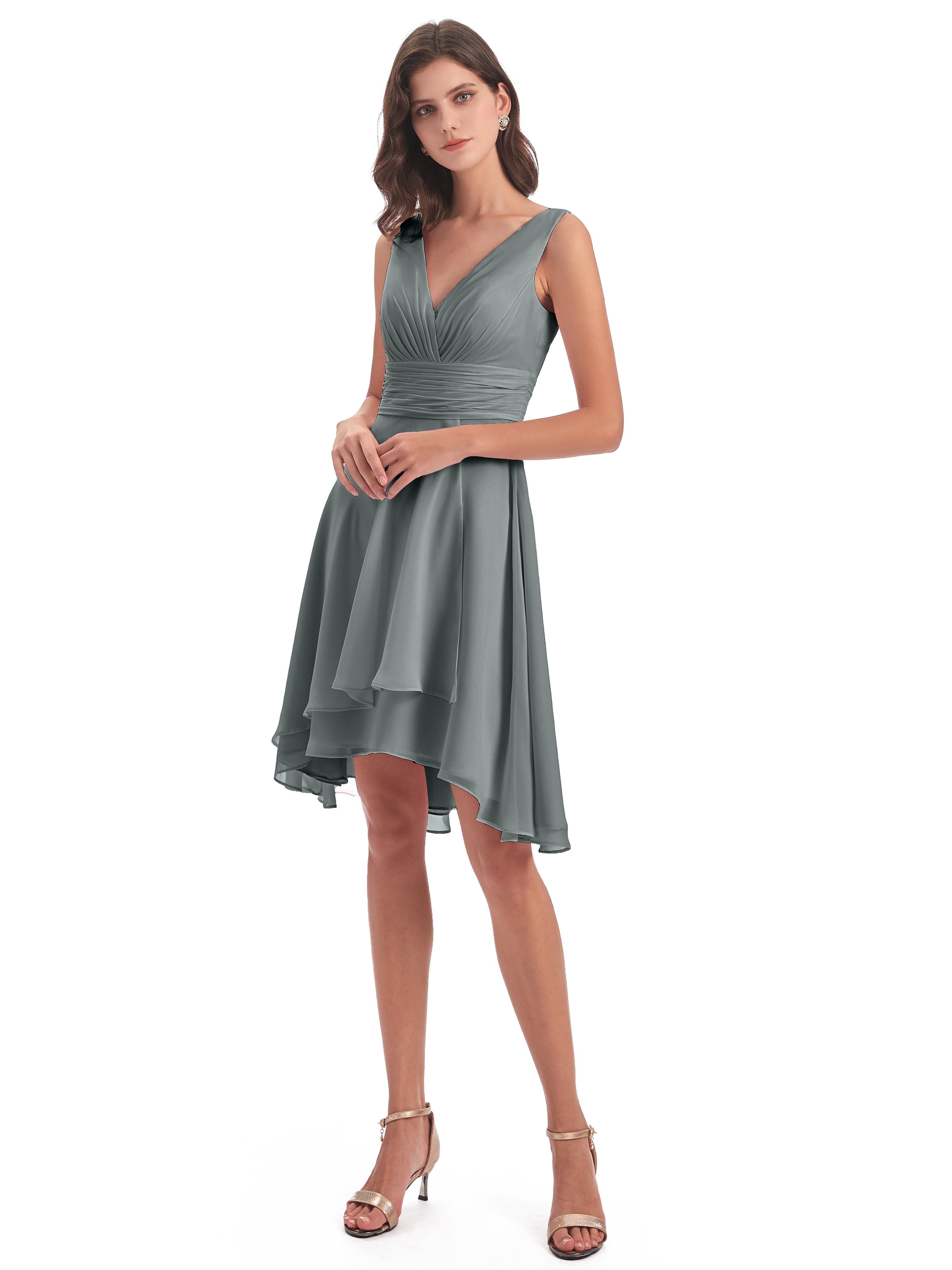 Esperanza Knee Length High Low V-neck Chiffon Bridesmaid Dresses